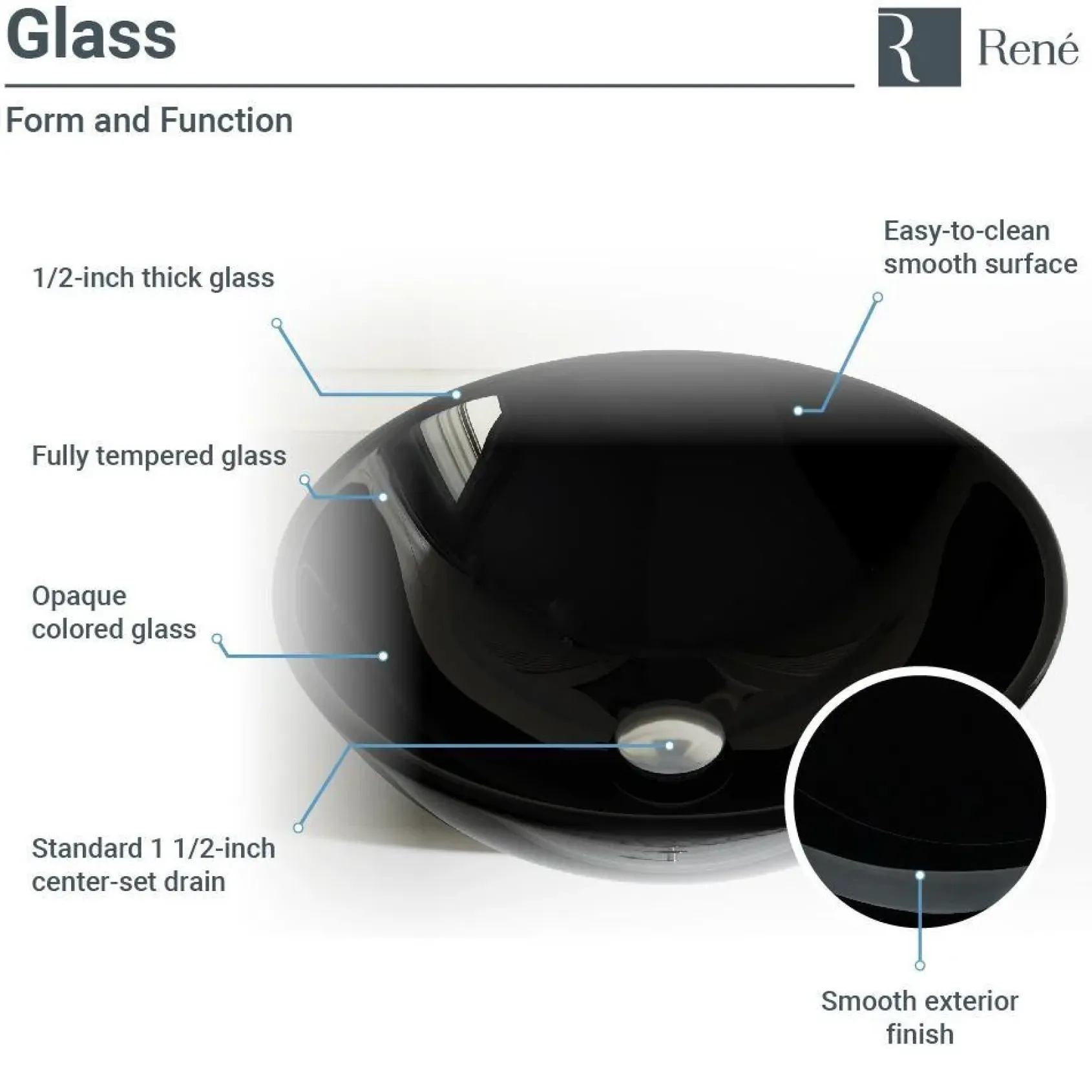Rene 17" Round Glass Bathroom Sink, Noir, with Faucet, R5-5001-NOR-R9-7007-BN