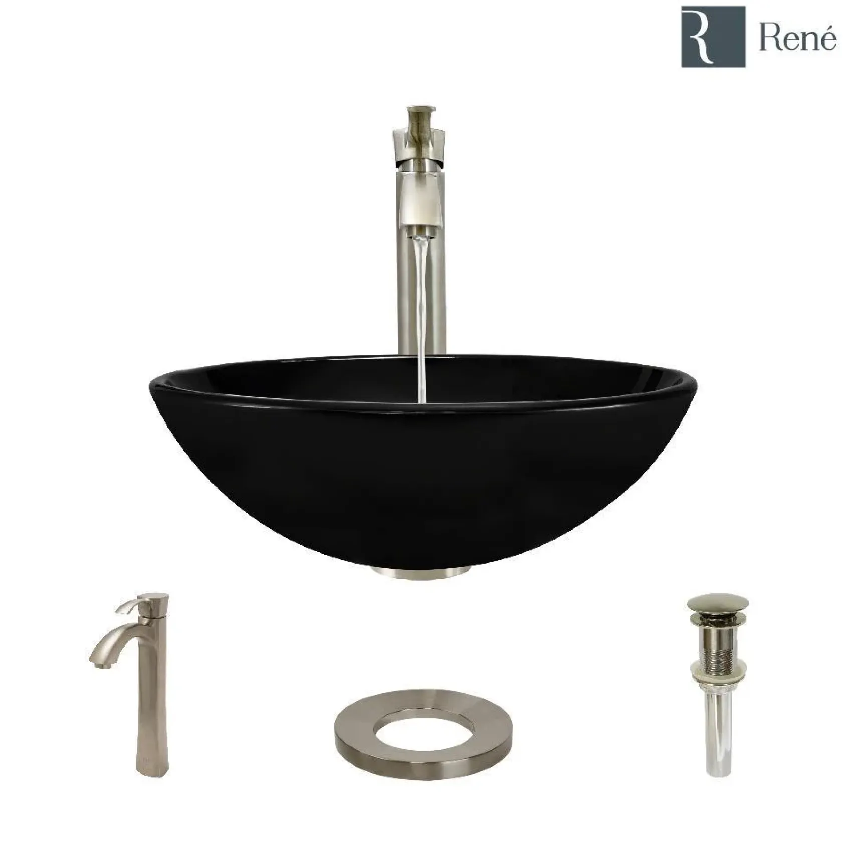 Rene 17" Round Glass Bathroom Sink, Noir, with Faucet, R5-5001-NOR-R9-7006-BN