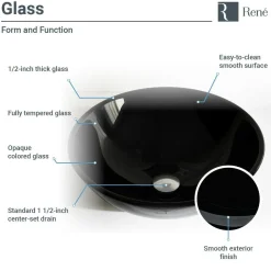 Rene 17" Round Glass Bathroom Sink, Noir, with Faucet, R5-5001-NOR-R9-7006-BN
