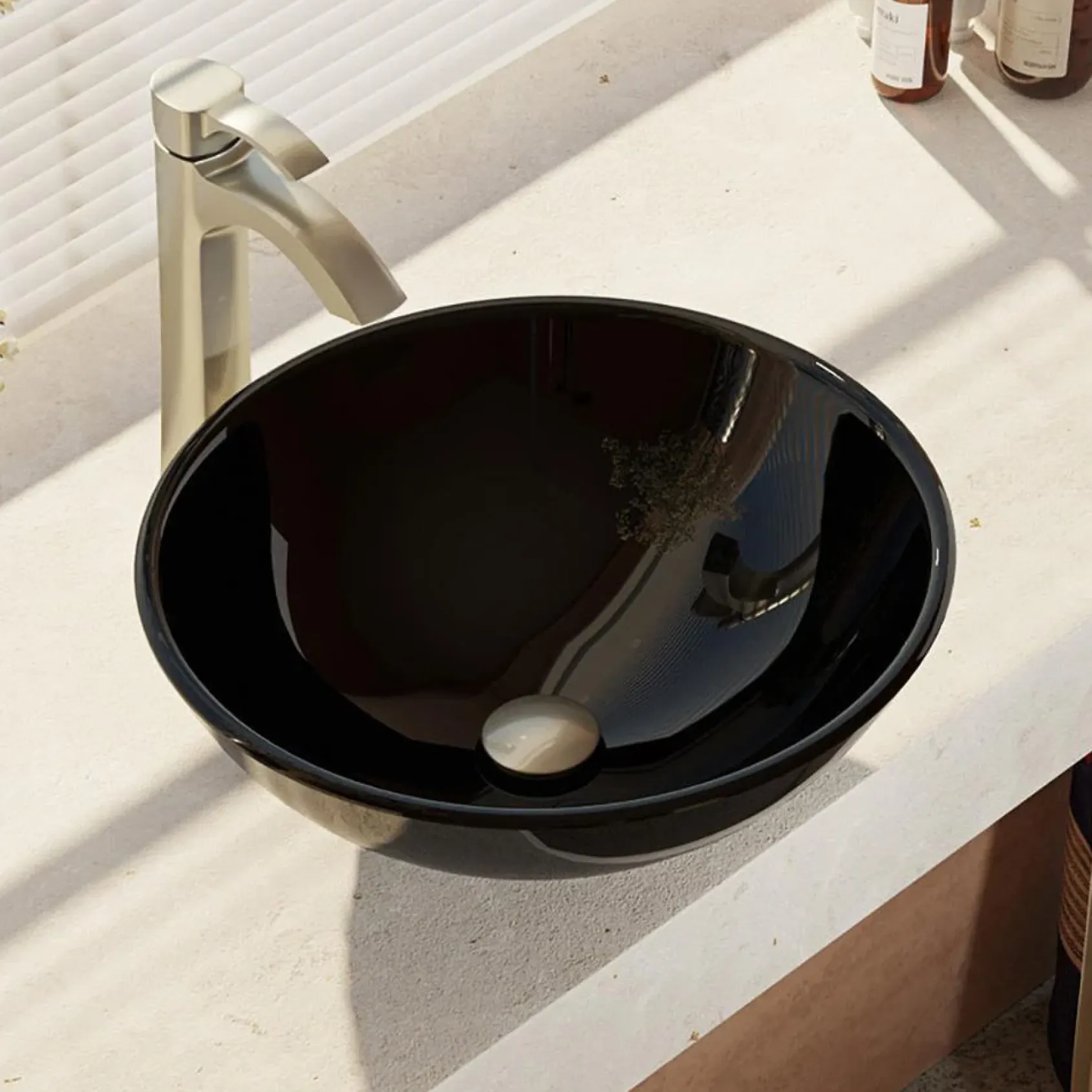 Rene 17" Round Glass Bathroom Sink, Noir, with Faucet, R5-5001-NOR-R9-7006-BN