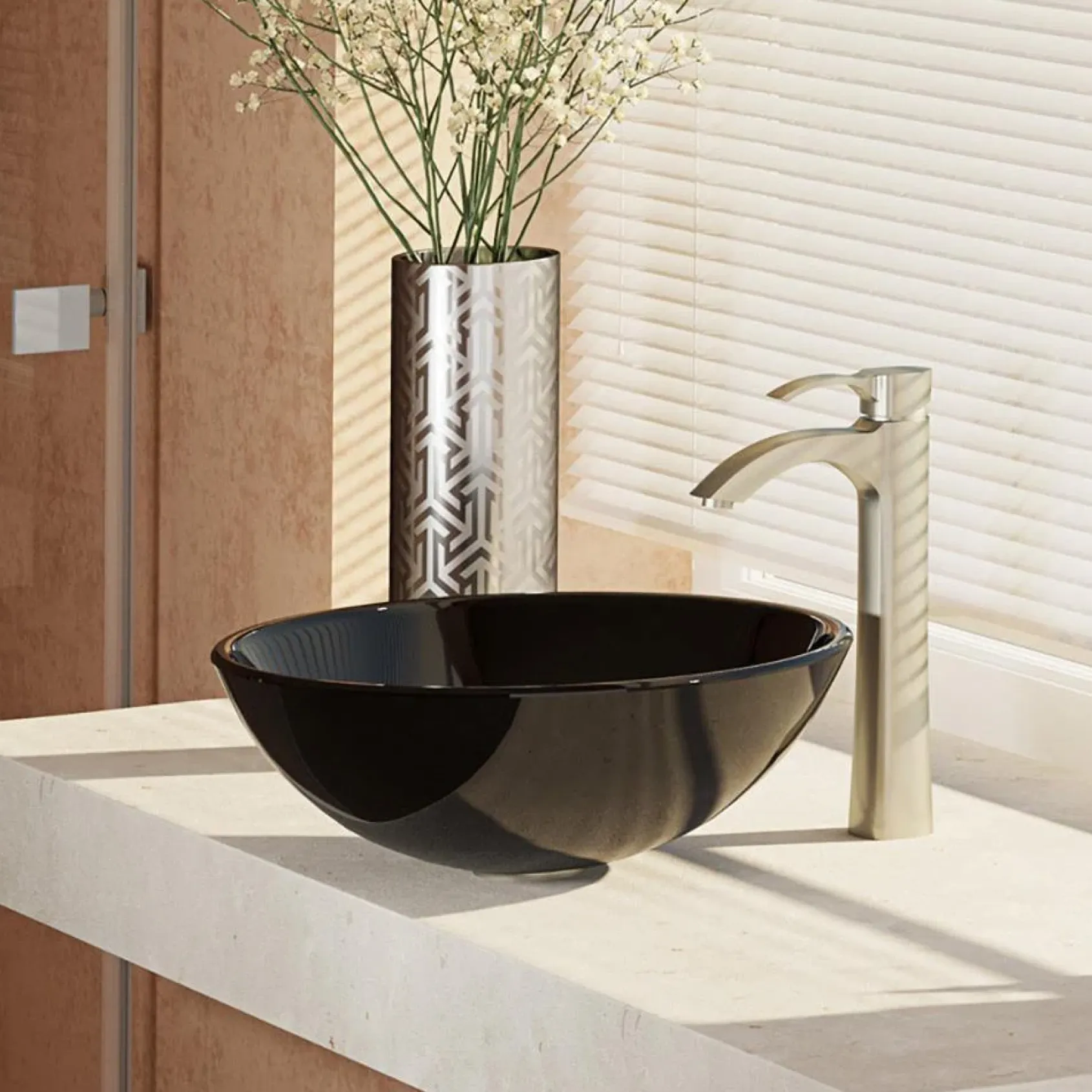 Rene 17" Round Glass Bathroom Sink, Noir, with Faucet, R5-5001-NOR-R9-7006-BN