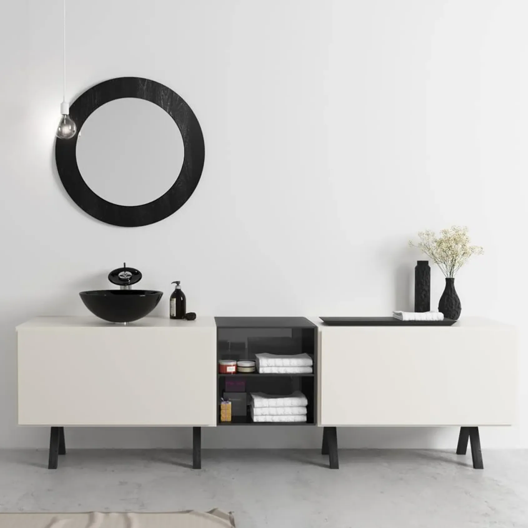 Rene 17" Round Glass Bathroom Sink, Noir, with Faucet, R5-5001-NOR-R9-7006-BN