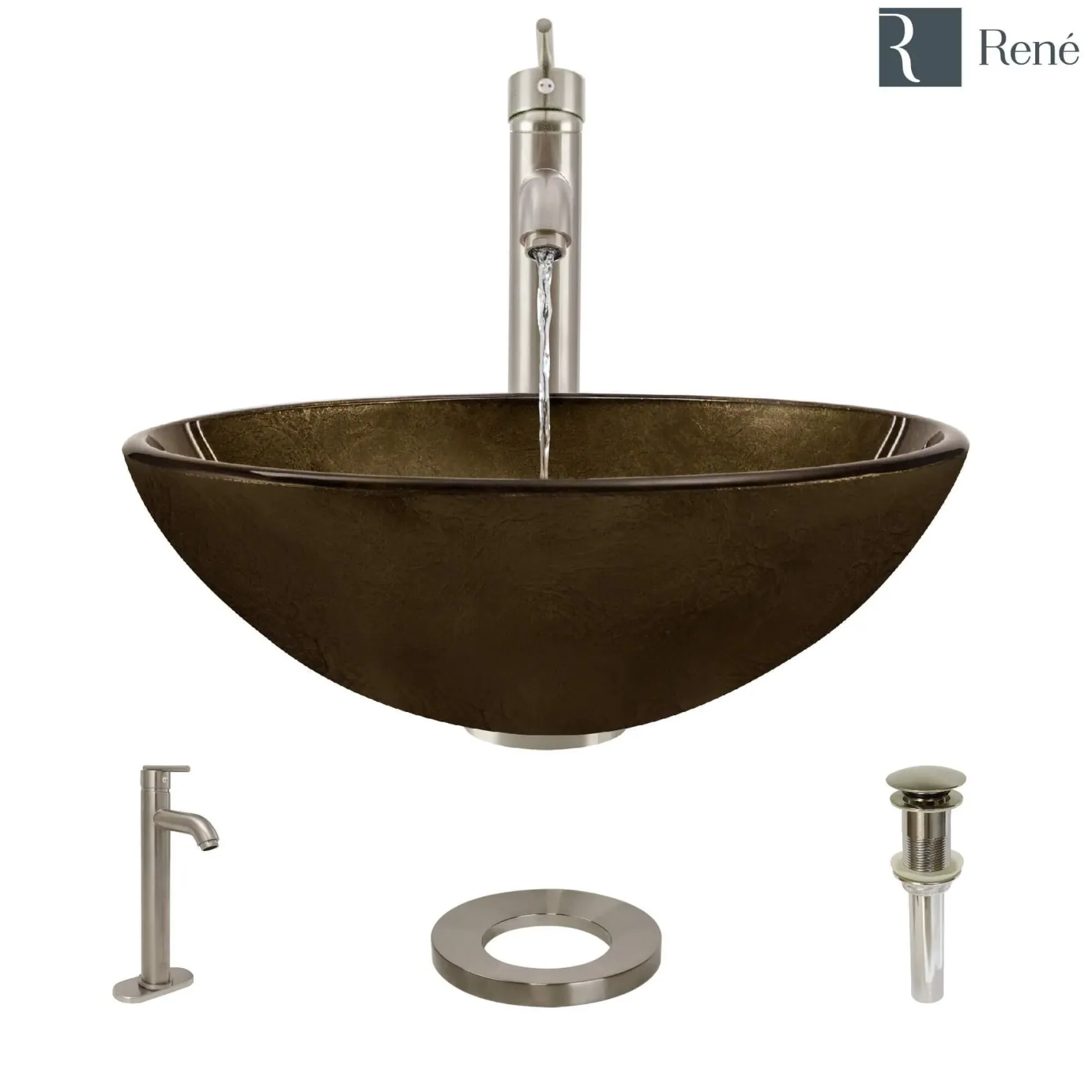Rene 17" Round Glass Bathroom Sink, Regal Bronze and Earth Tones, with Faucet, R5-5035-R9-7001-BN