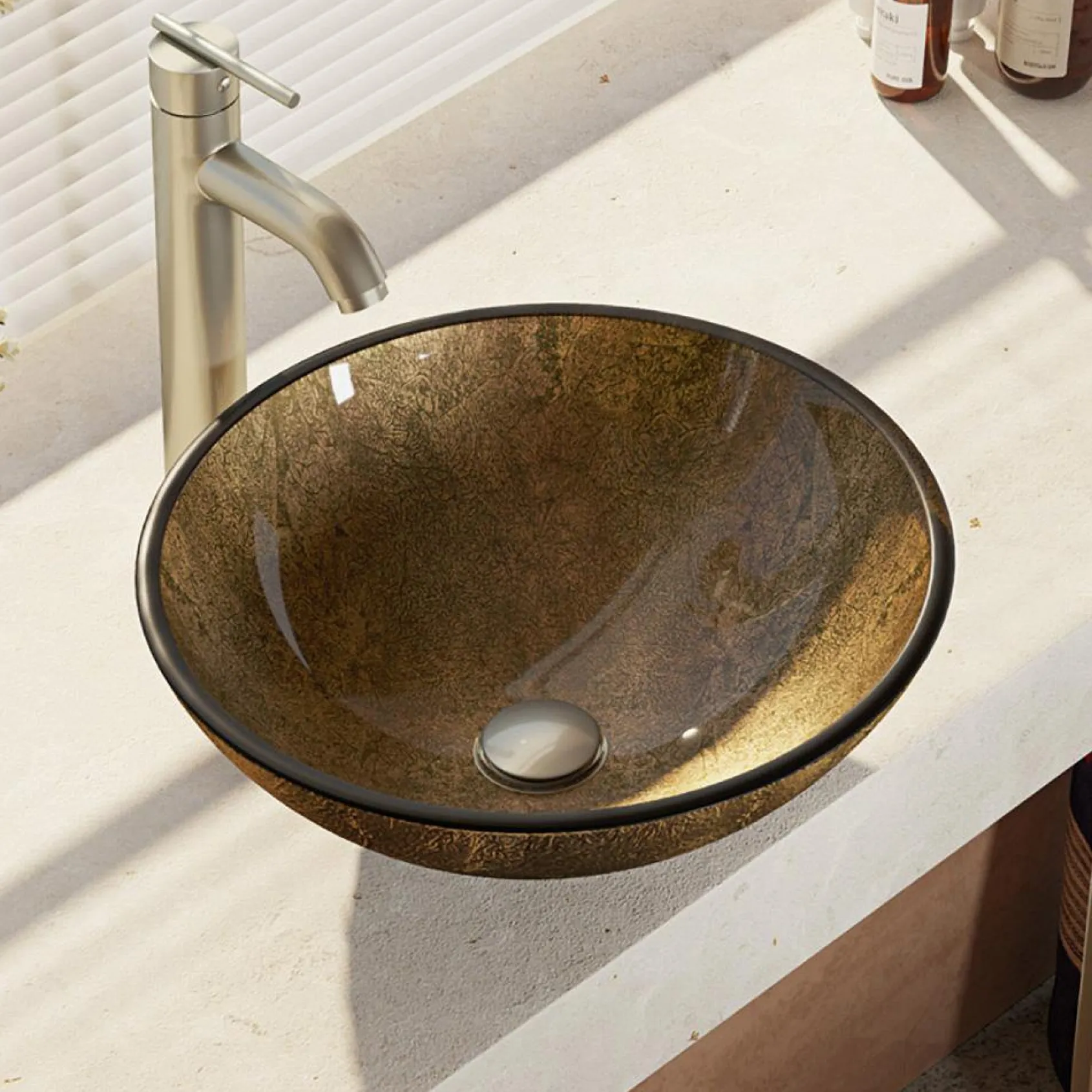 Rene 17" Round Glass Bathroom Sink, Regal Bronze and Earth Tones, with Faucet, R5-5035-R9-7001-BN
