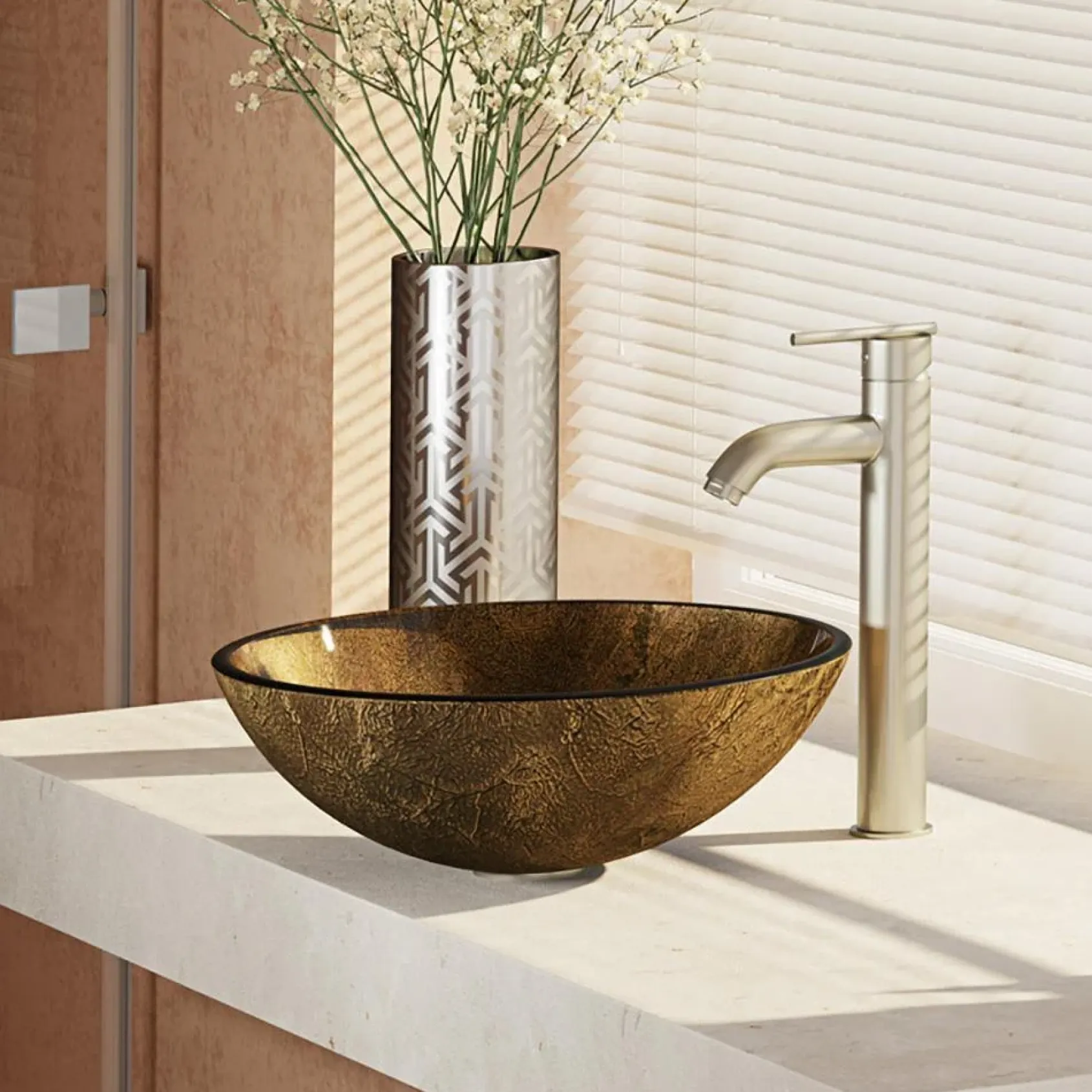 Rene 17" Round Glass Bathroom Sink, Regal Bronze and Earth Tones, with Faucet, R5-5035-R9-7001-BN