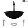 Rene 17" Round Glass Bathroom Sink, Noir, with Faucet, R5-5001-NOR-R9-7007-C
