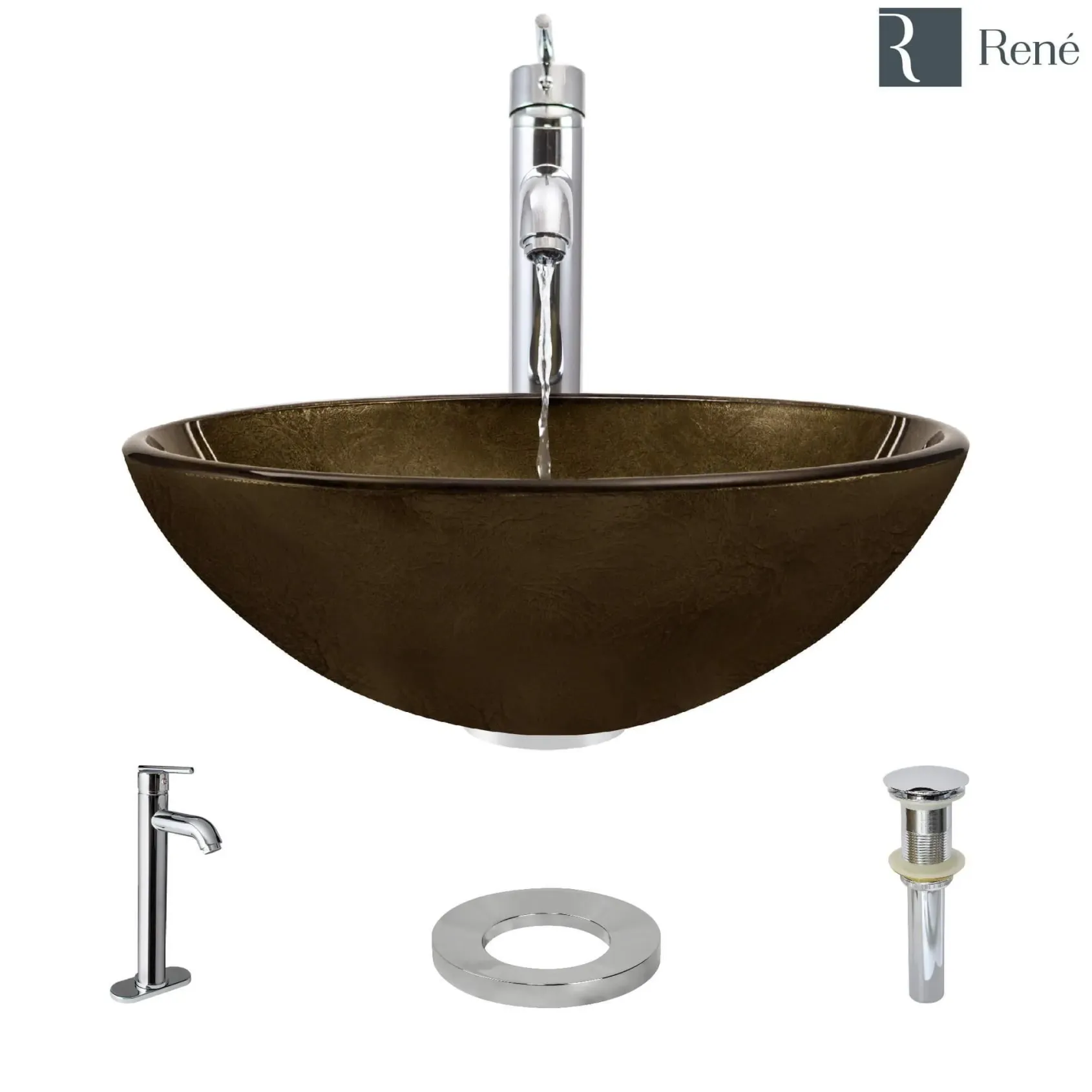 Rene 17" Round Glass Bathroom Sink, Regal Bronze and Earth Tones, with Faucet, R5-5035-R9-7001-C