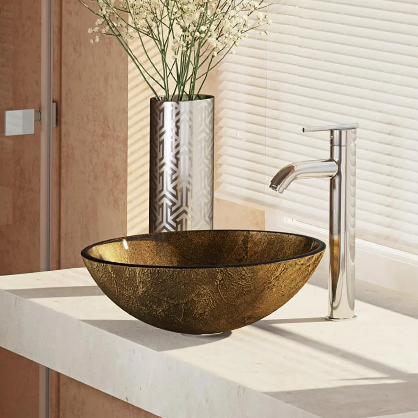 Rene 17" Round Glass Bathroom Sink, Regal Bronze and Earth Tones, with Faucet, R5-5035-R9-7001-C