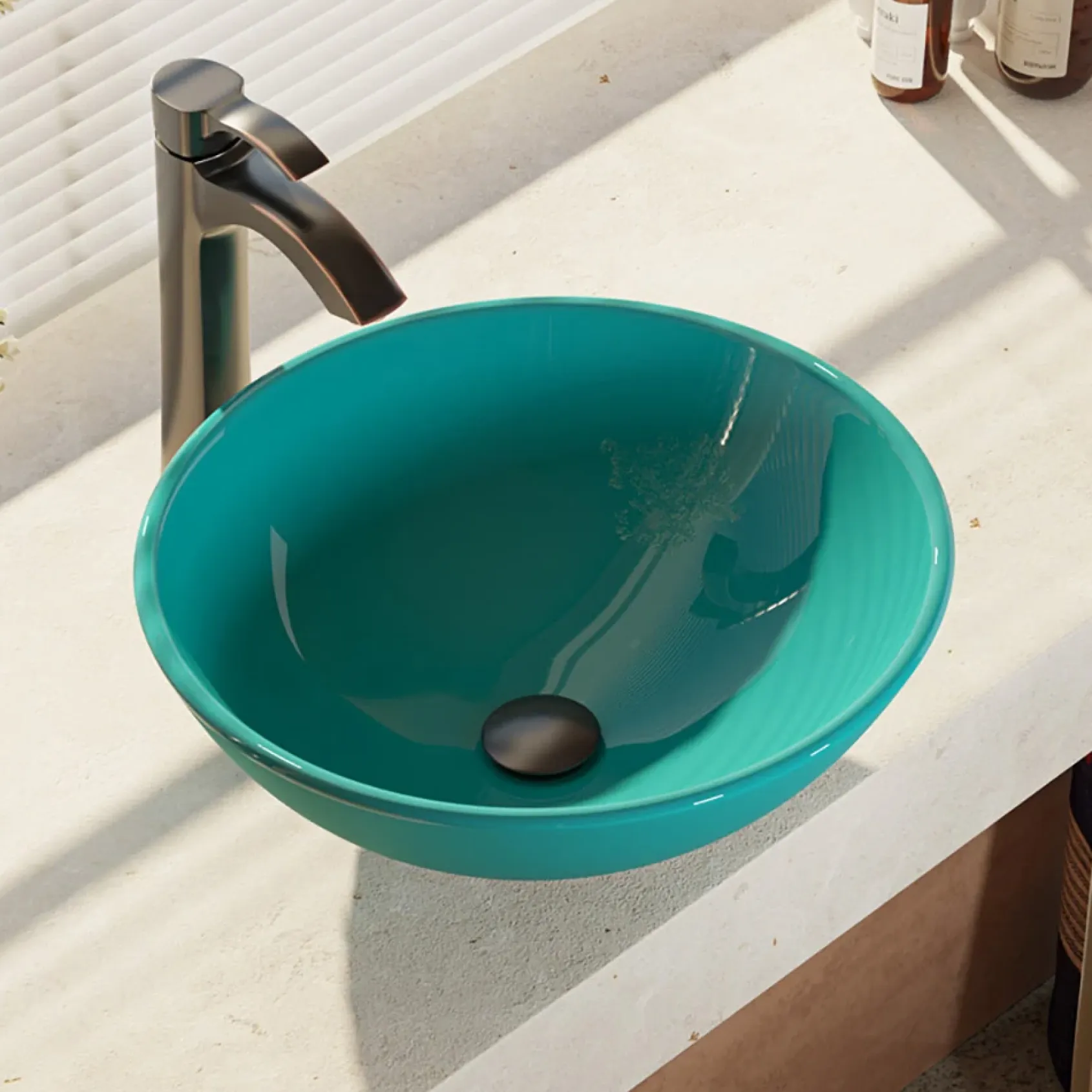 Rene 17" Round Glass Bathroom Sink, Cerulean, with Faucet, R5-5001-CER-R9-7006-ABR