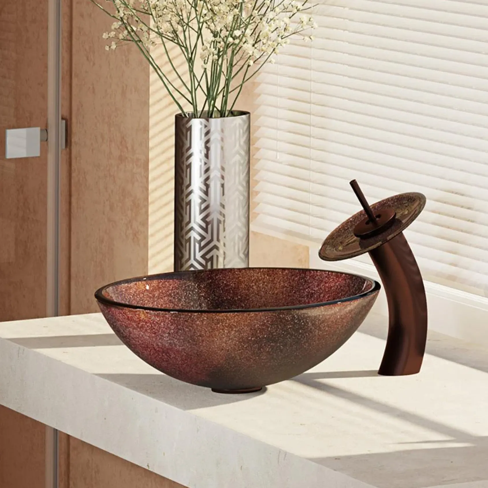 Rene 17" Round Glass Bathroom Sink, Multi-Color, with Faucet, R5-5014-WF-ORB