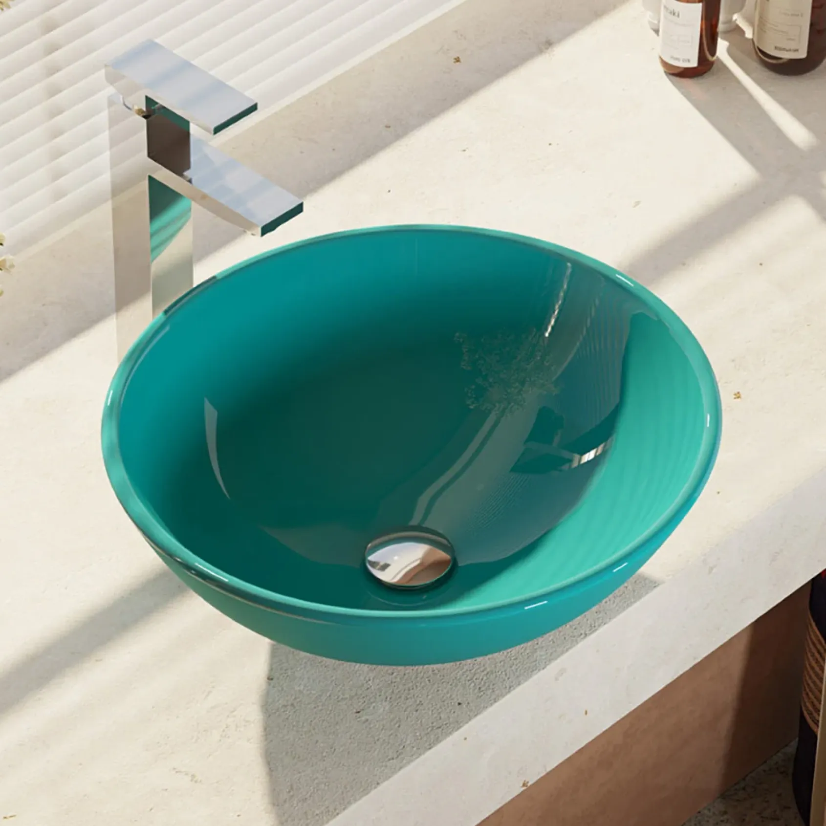 Rene 17" Round Glass Bathroom Sink, Cerulean, with Faucet, R5-5001-CER-R9-7003-C