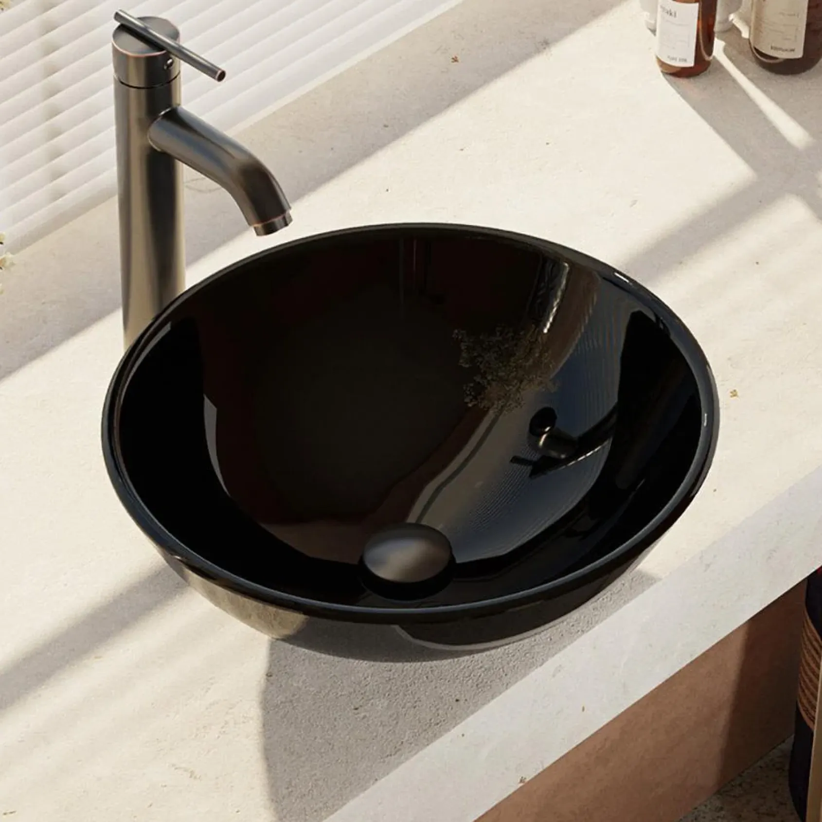 Rene 17" Round Glass Bathroom Sink, Noir, with Faucet, R5-5001-NOR-R9-7001-ABR
