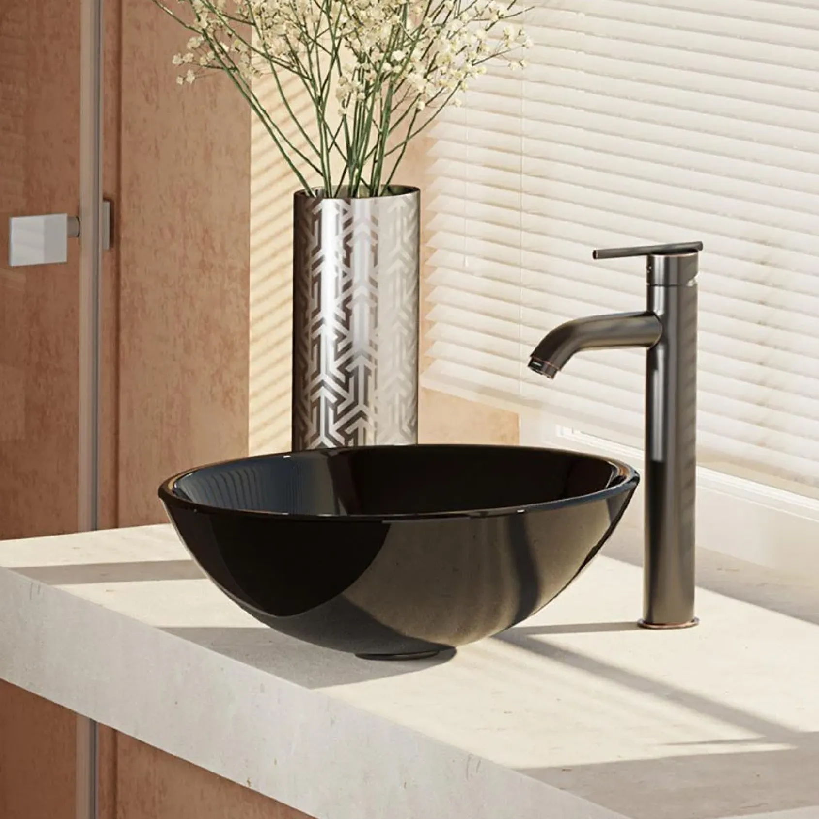 Rene 17" Round Glass Bathroom Sink, Noir, with Faucet, R5-5001-NOR-R9-7001-ABR