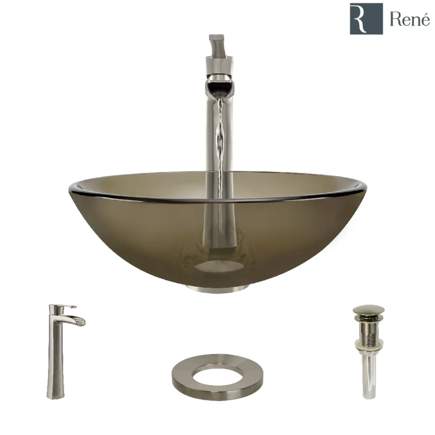 Rene 17" Round Glass Bathroom Sink, Cashmere, with Faucet, R5-5001-CAS-R9-7007-BN