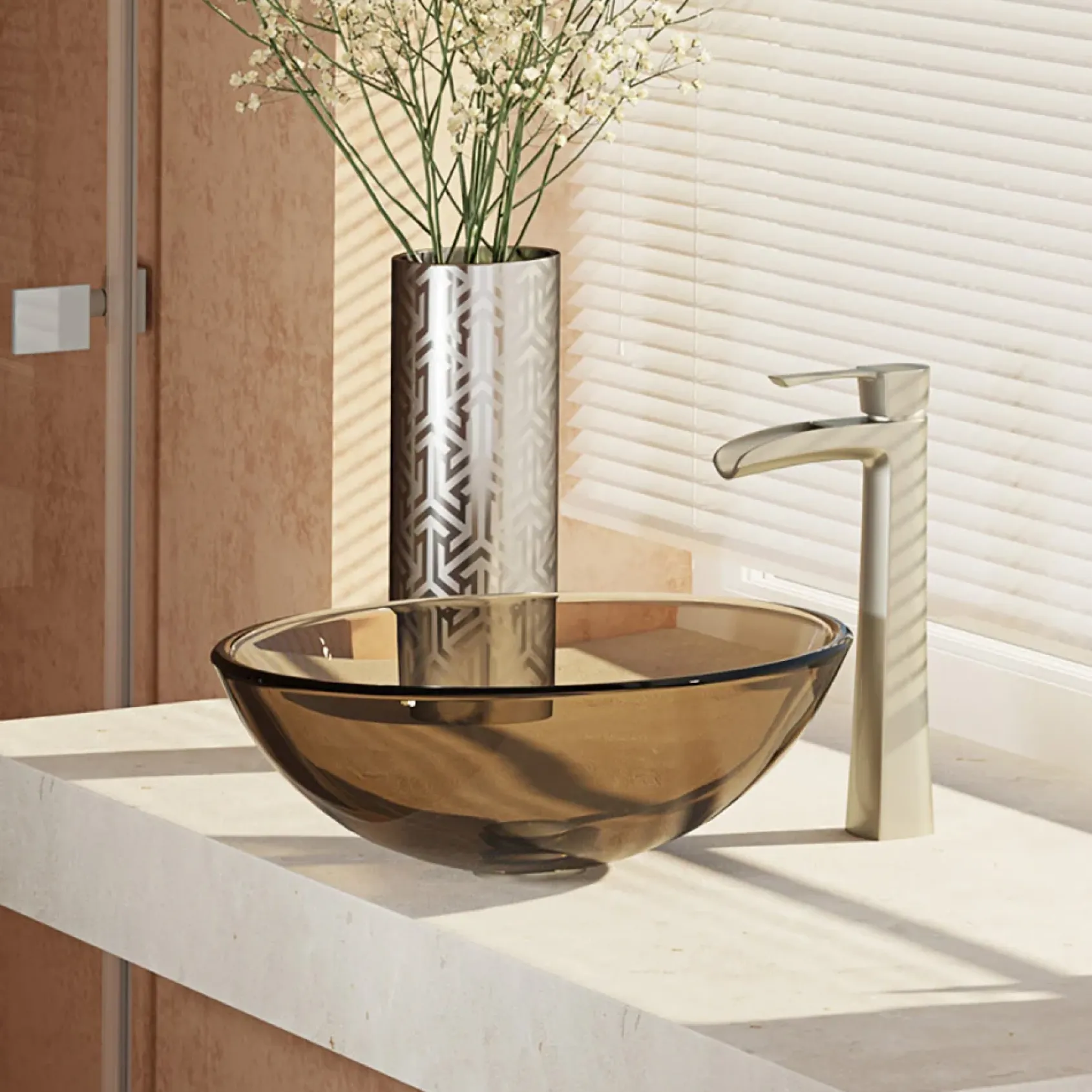 Rene 17" Round Glass Bathroom Sink, Cashmere, with Faucet, R5-5001-CAS-R9-7007-BN