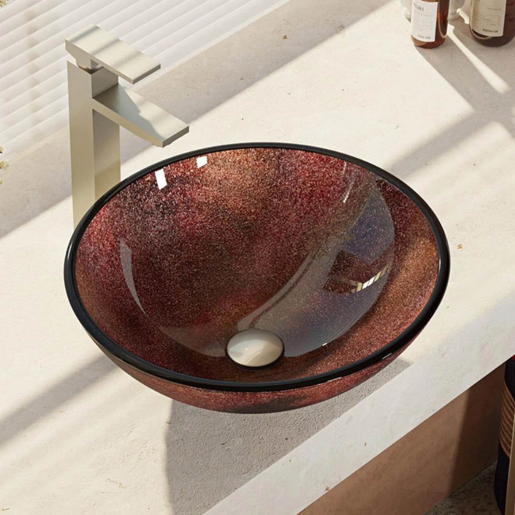Rene 17" Round Glass Bathroom Sink, Multi-Color, with Faucet, R5-5014-R9-7003-BN