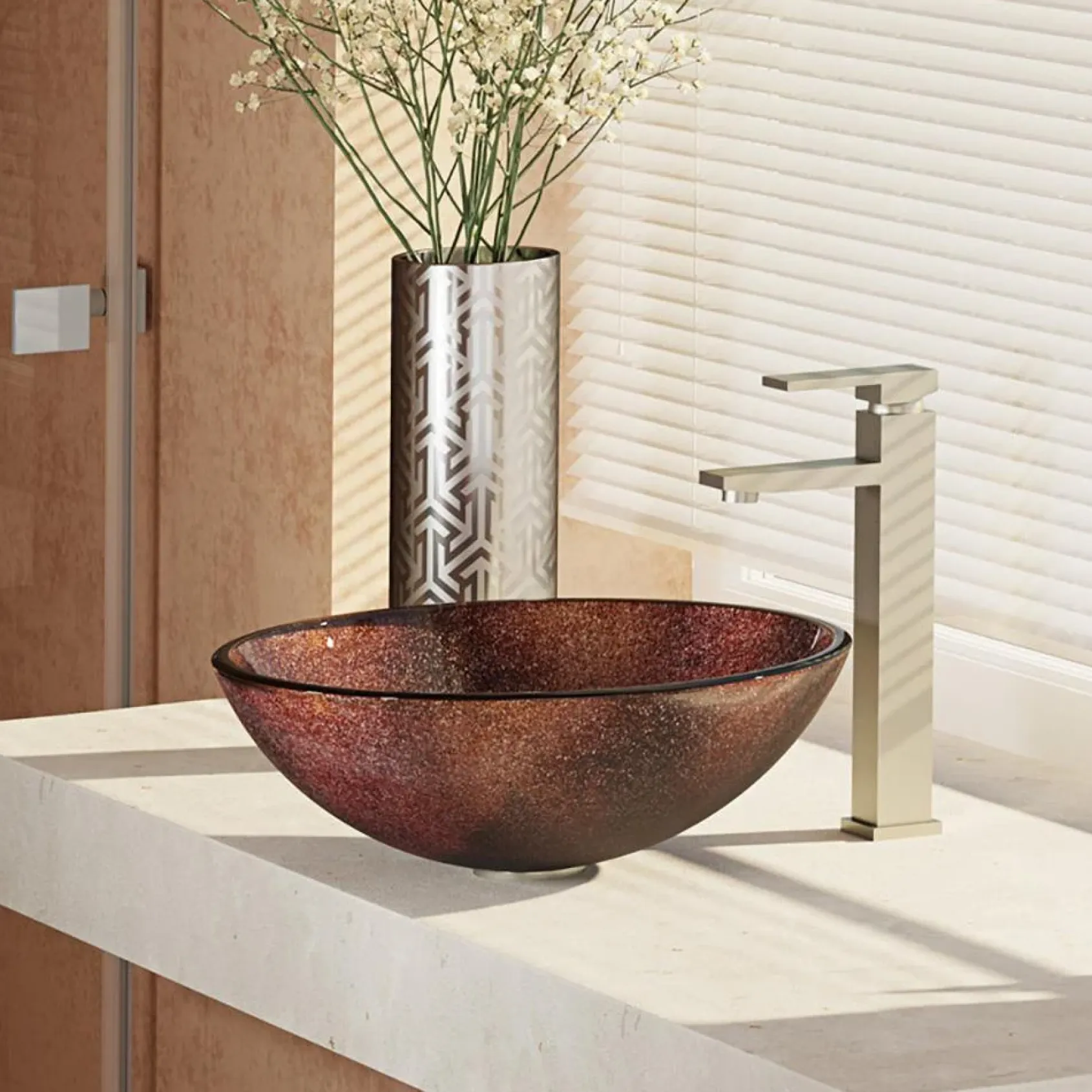 Rene 17" Round Glass Bathroom Sink, Multi-Color, with Faucet, R5-5014-R9-7003-BN