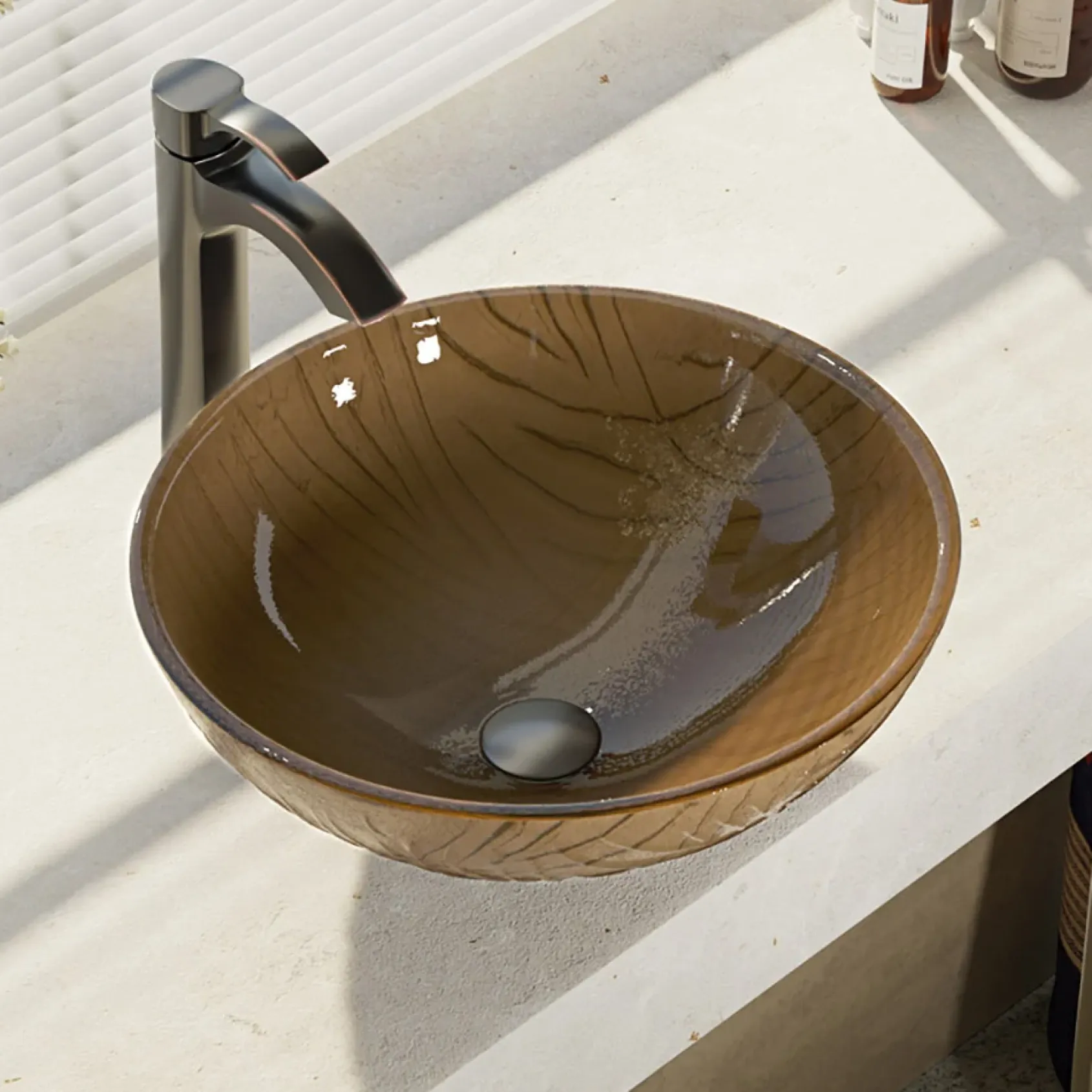 Rene 17" Round Glass Bathroom Sink, Beach Sand, with Faucet, R5-5025-R9-7006-ABR