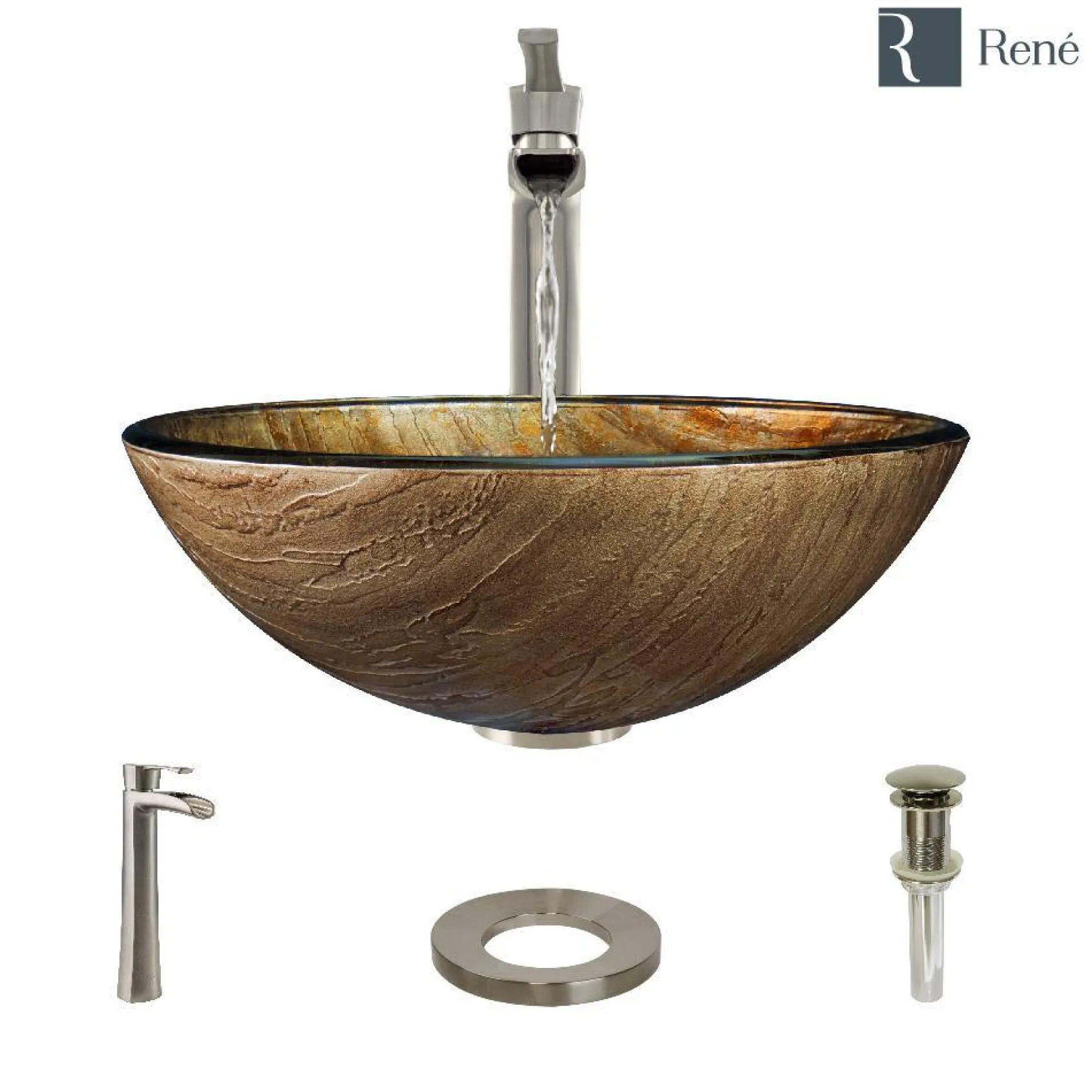 Rene 17" Round Glass Bathroom Sink, Bronze, with Faucet, R5-5030-R9-7007-BN