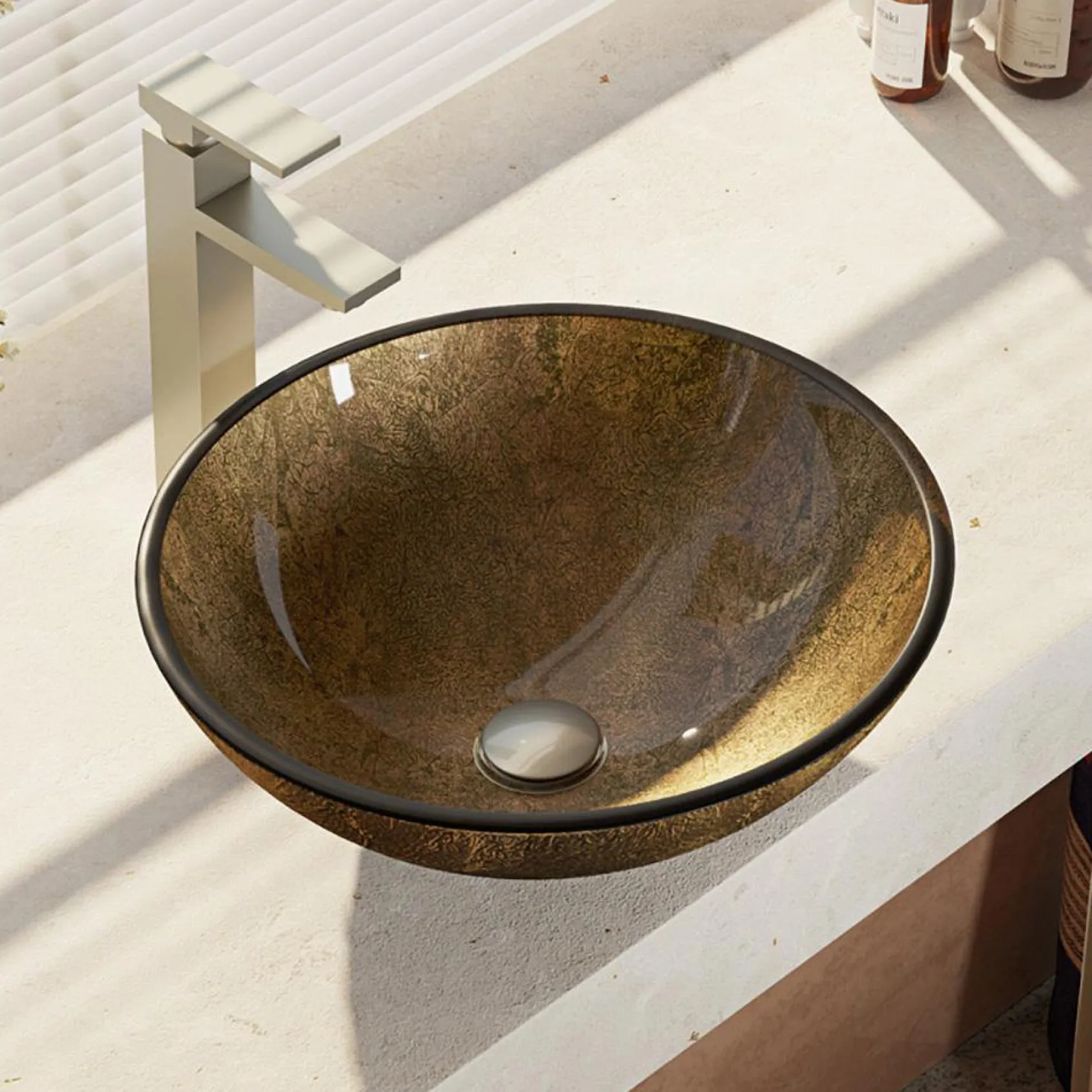 Rene 17" Round Glass Bathroom Sink, Regal Bronze and Earth Tones, with Faucet, R5-5035-R9-7003-BN