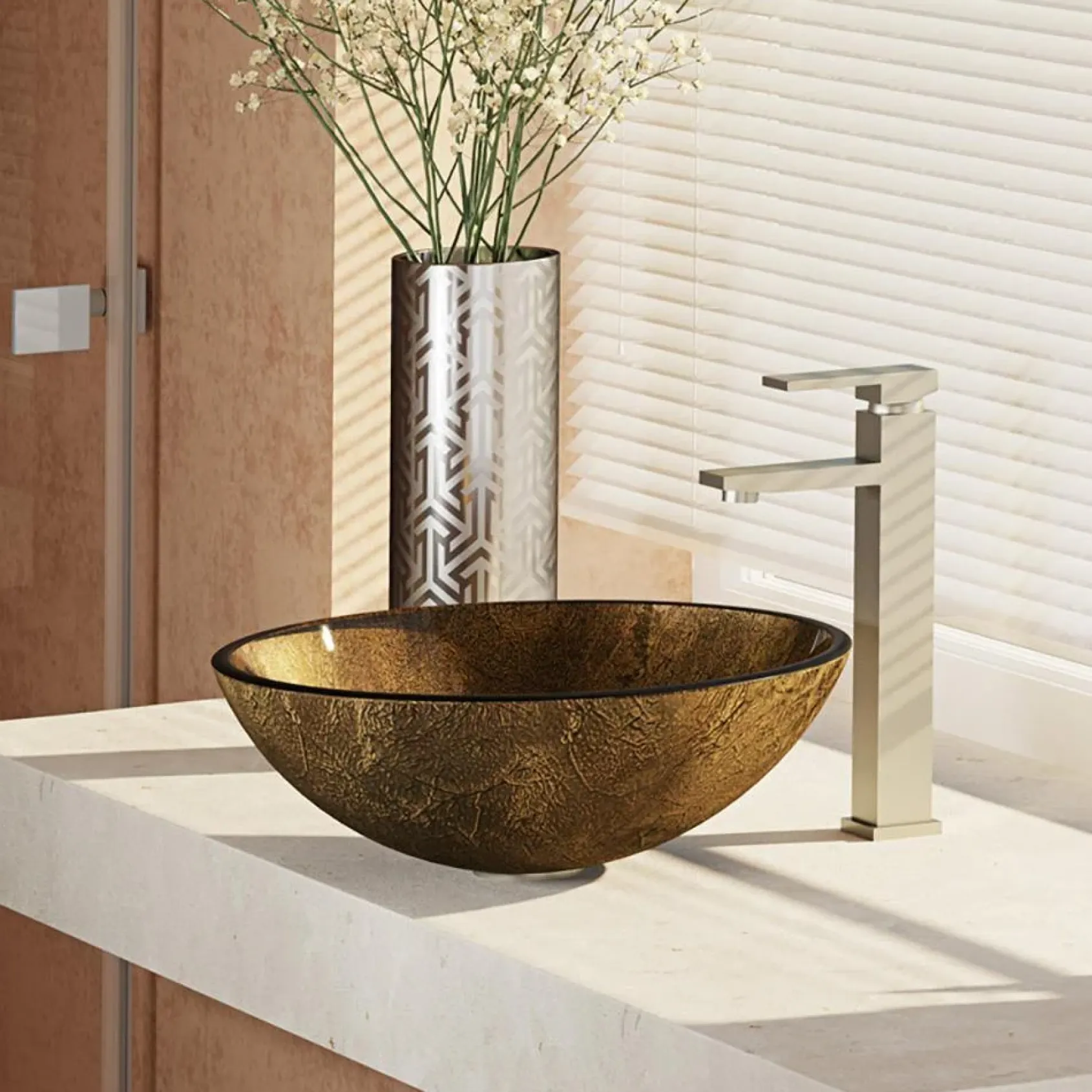Rene 17" Round Glass Bathroom Sink, Regal Bronze and Earth Tones, with Faucet, R5-5035-R9-7003-BN