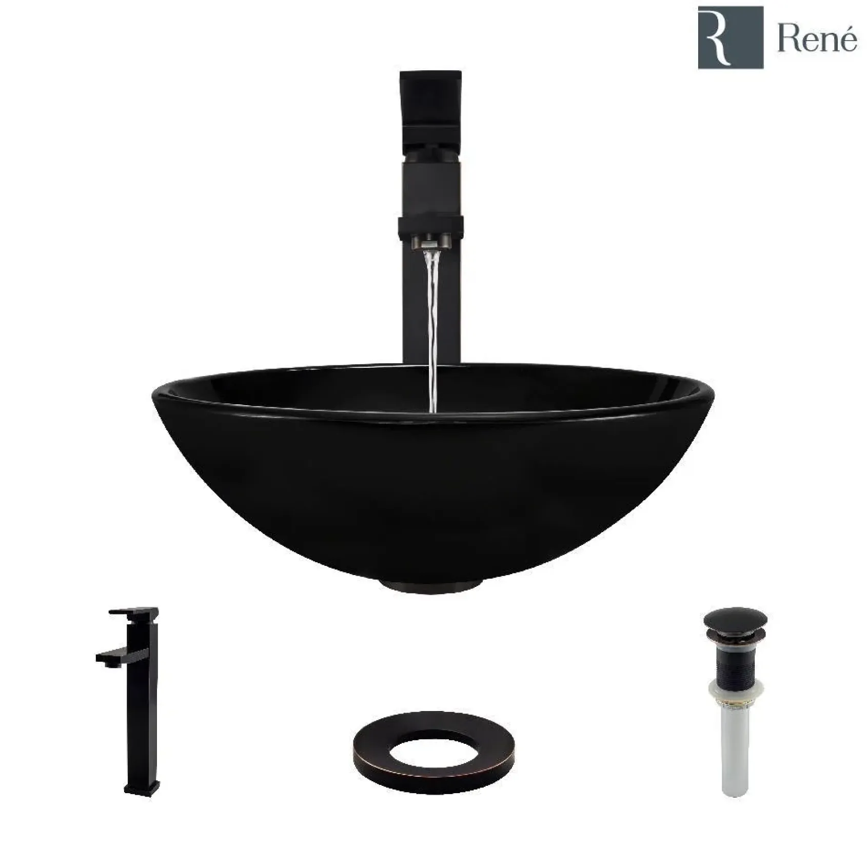 Rene 17" Round Glass Bathroom Sink, Noir, with Faucet, R5-5001-NOR-R9-7003-ABR