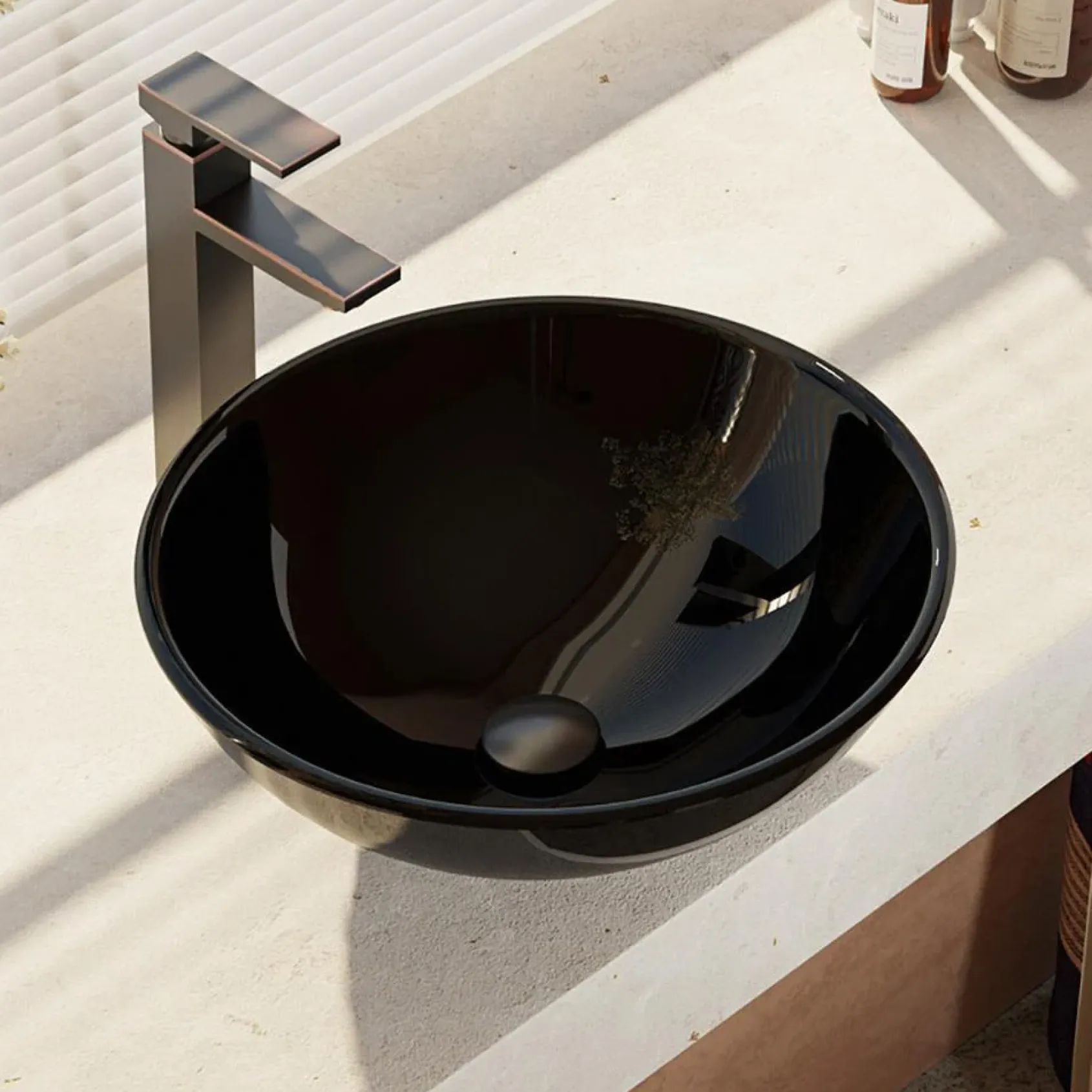 Rene 17" Round Glass Bathroom Sink, Noir, with Faucet, R5-5001-NOR-R9-7003-ABR
