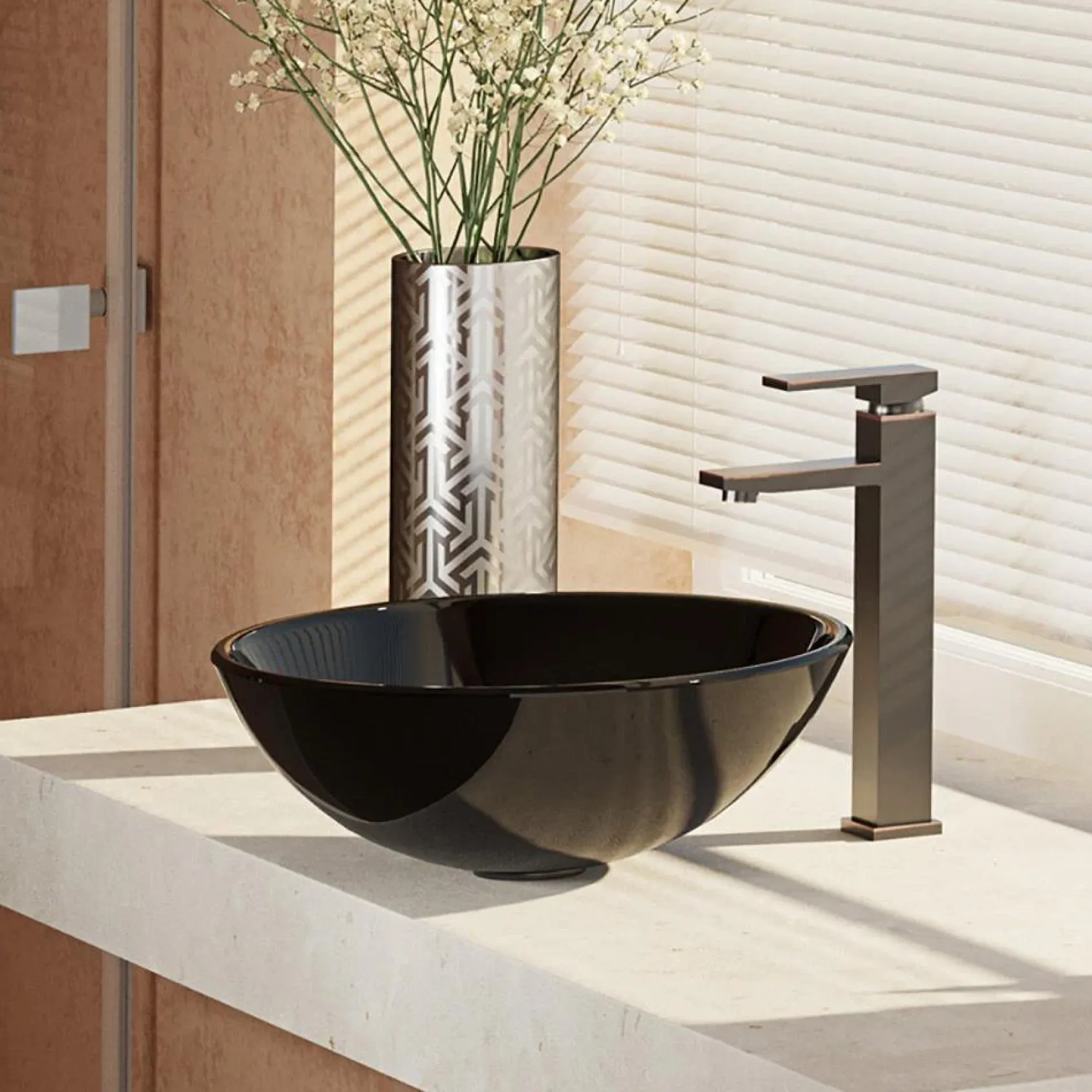 Rene 17" Round Glass Bathroom Sink, Noir, with Faucet, R5-5001-NOR-R9-7003-ABR