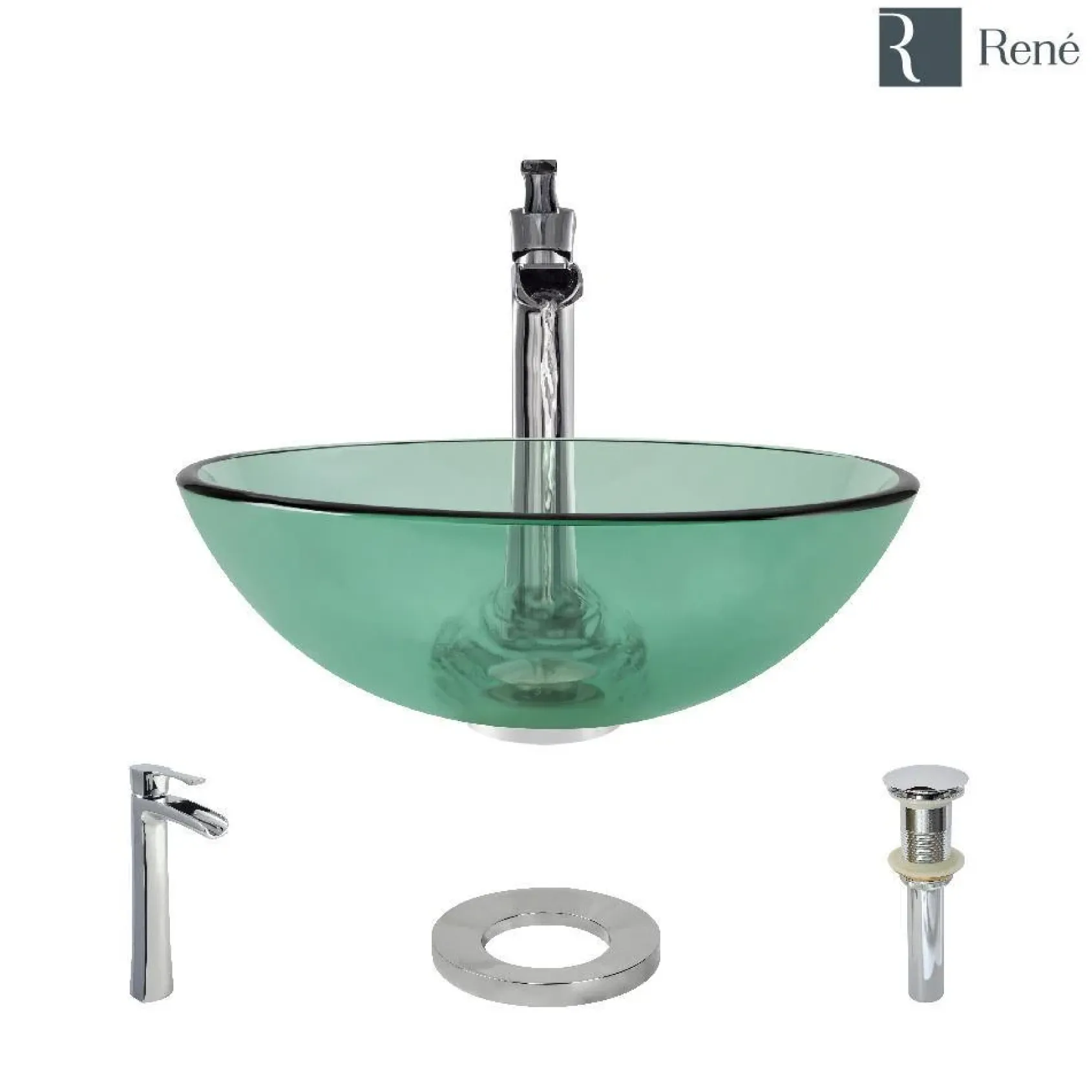 Rene 17" Round Glass Bathroom Sink, Ivy, with Faucet, R5-5001-IVY-R9-7007-C