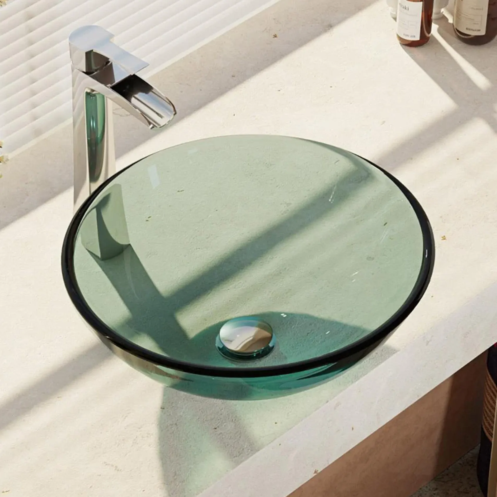 Rene 17" Round Glass Bathroom Sink, Ivy, with Faucet, R5-5001-IVY-R9-7007-C