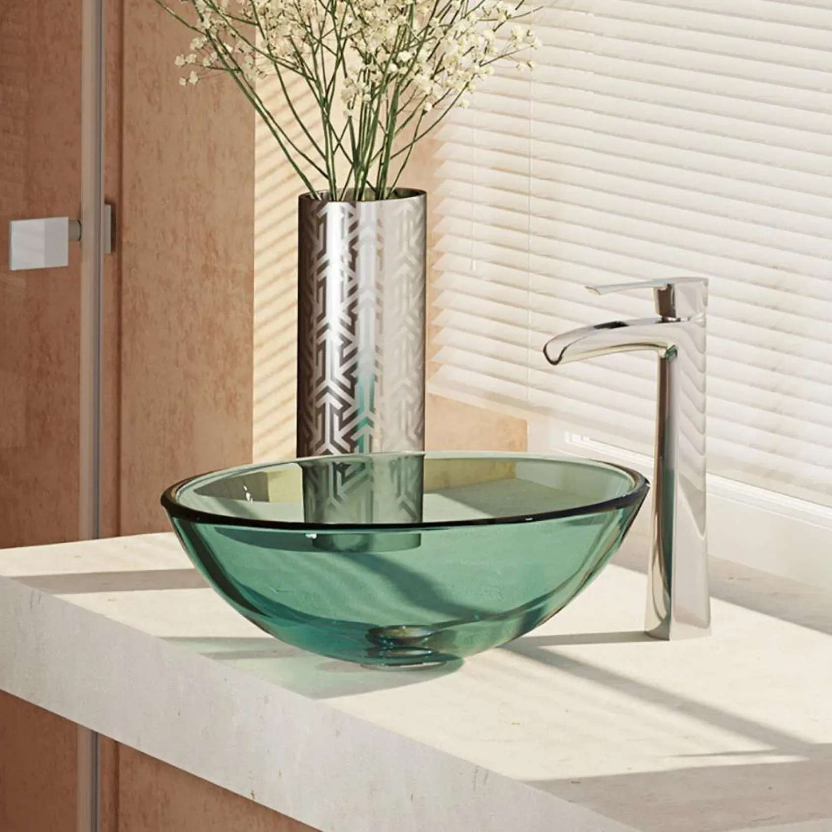 Rene 17" Round Glass Bathroom Sink, Ivy, with Faucet, R5-5001-IVY-R9-7007-C