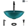Rene 17" Round Glass Bathroom Sink, Cerulean, with Faucet, R5-5001-CER-R9-7007-ABR