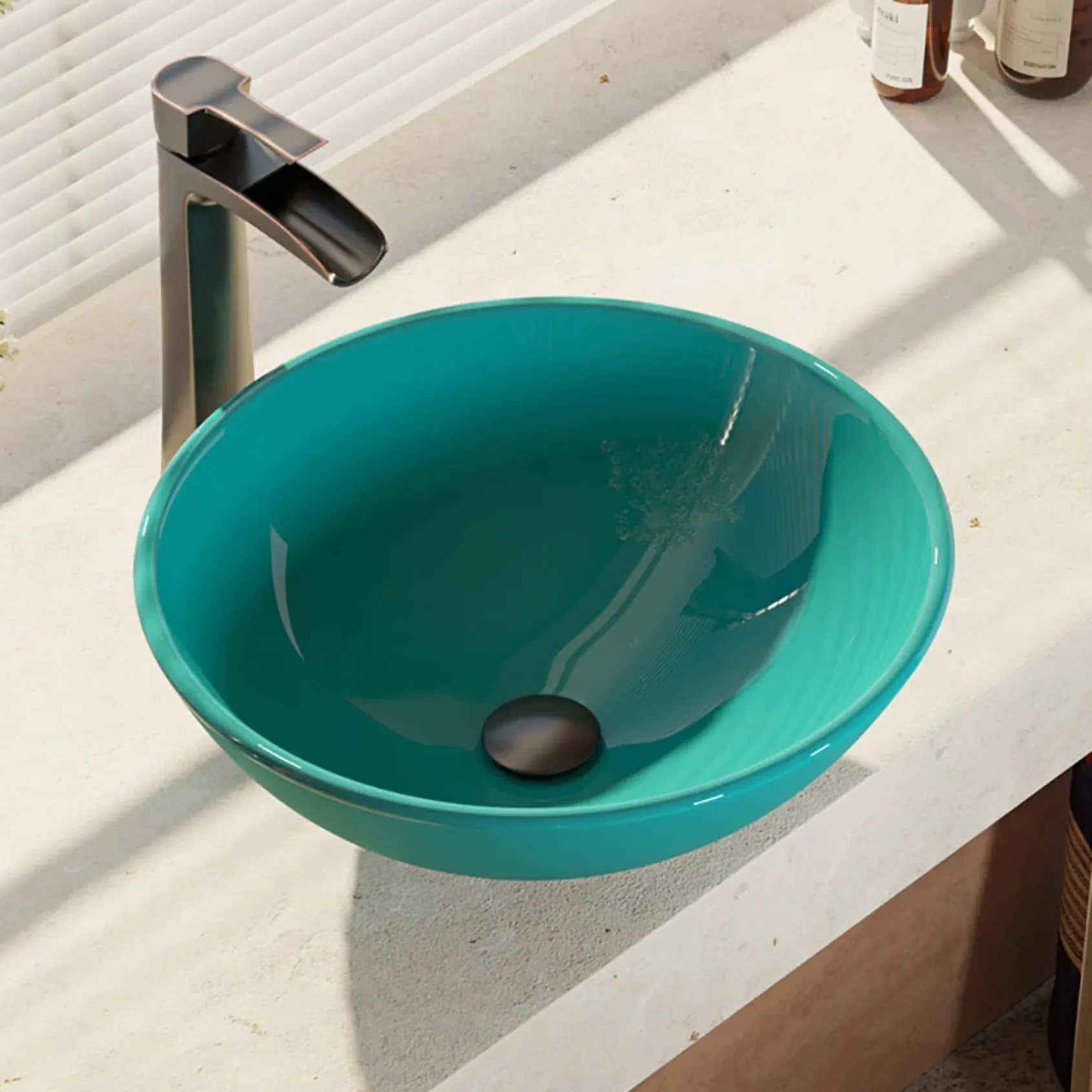 Rene 17" Round Glass Bathroom Sink, Cerulean, with Faucet, R5-5001-CER-R9-7007-ABR