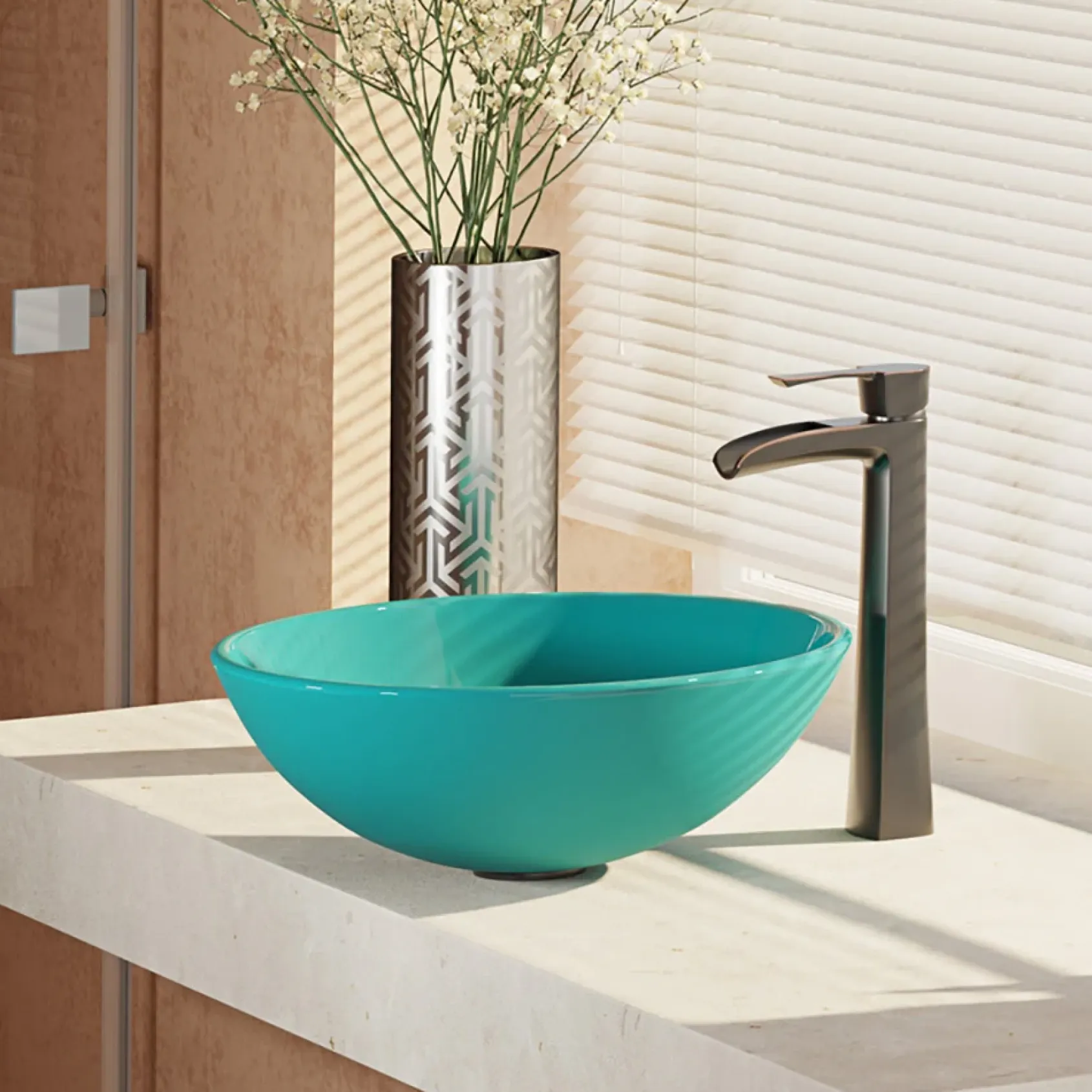 Rene 17" Round Glass Bathroom Sink, Cerulean, with Faucet, R5-5001-CER-R9-7007-ABR