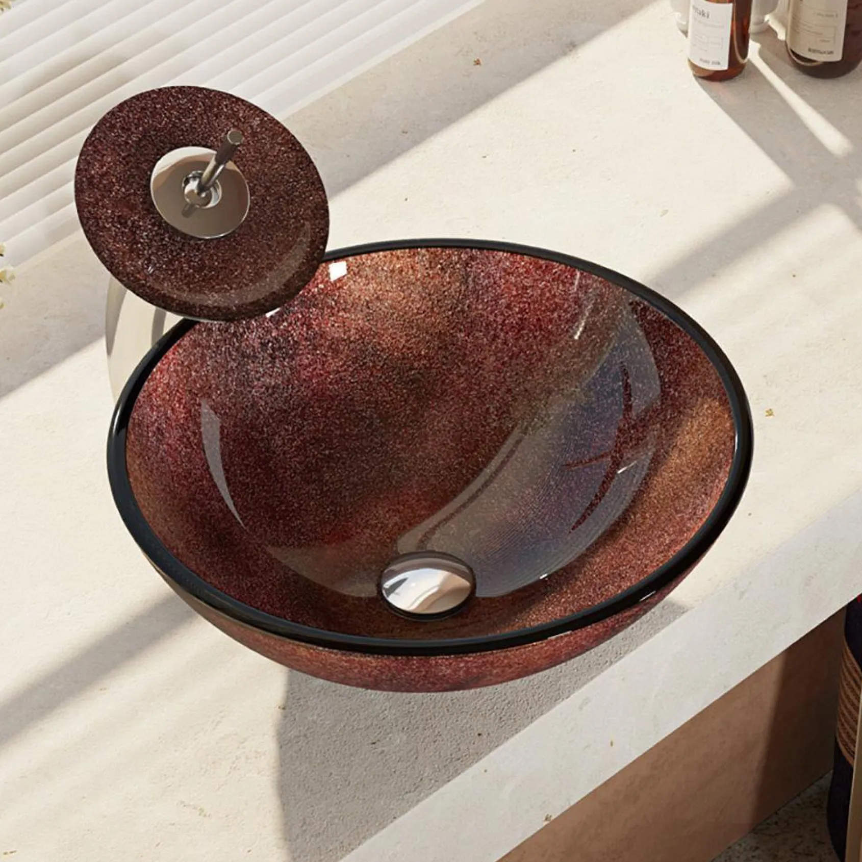 Rene 17" Round Glass Bathroom Sink, Multi-Color, with Faucet, R5-5014-WF-C