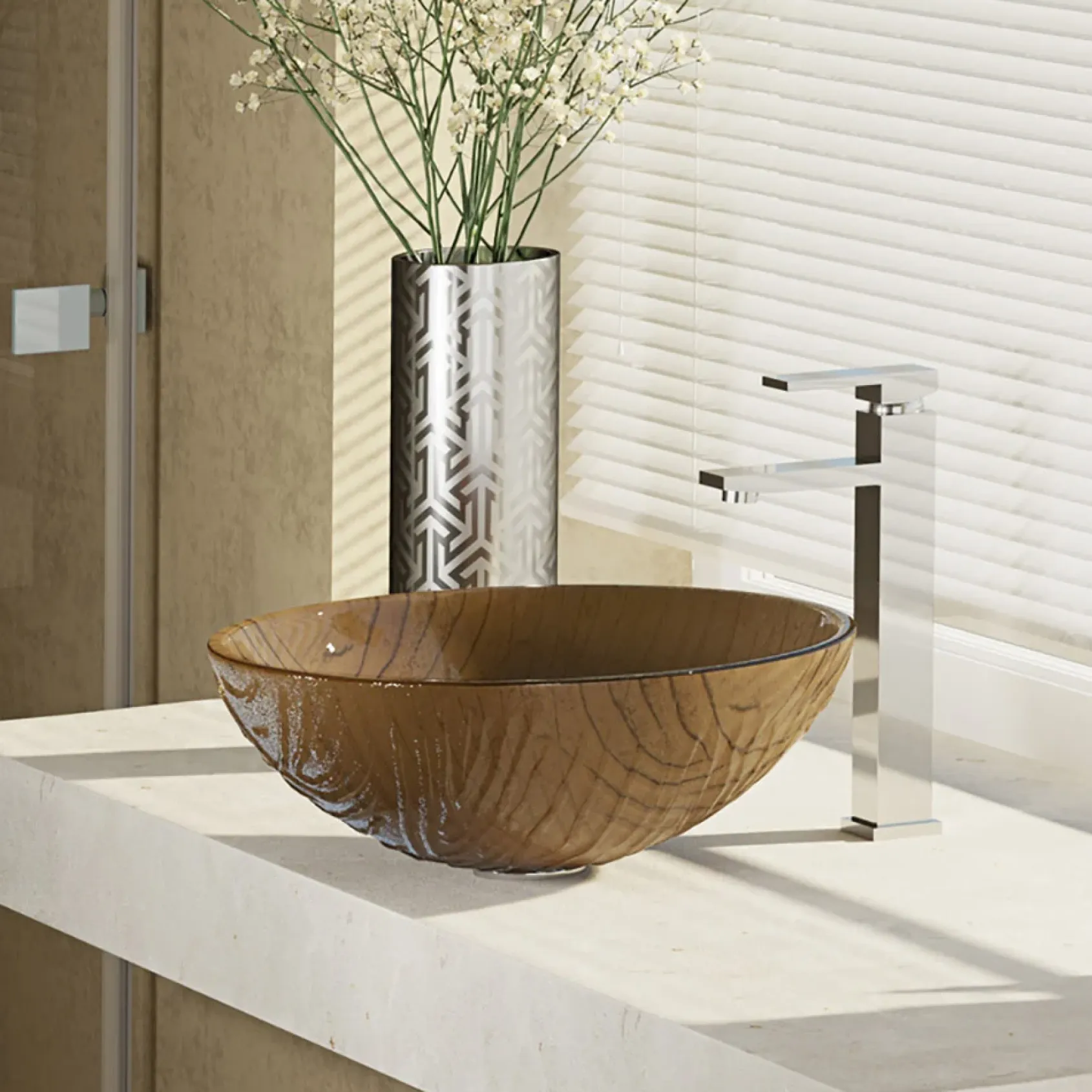 Rene 17" Round Glass Bathroom Sink, Beach Sand, with Faucet, R5-5025-R9-7003-C