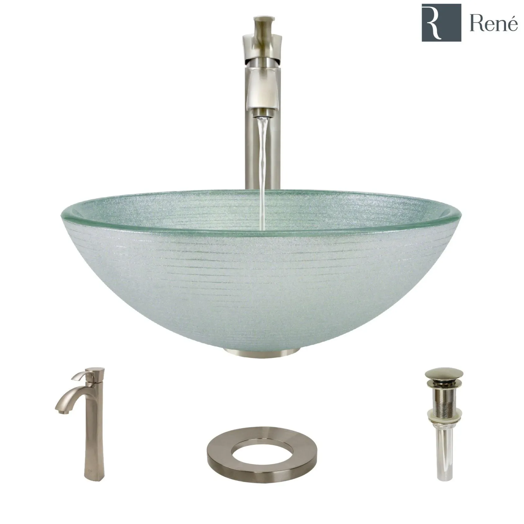 Rene 17" Round Glass Bathroom Sink, Sparkling Silver, with Faucet, R5-5034-R9-7006-BN