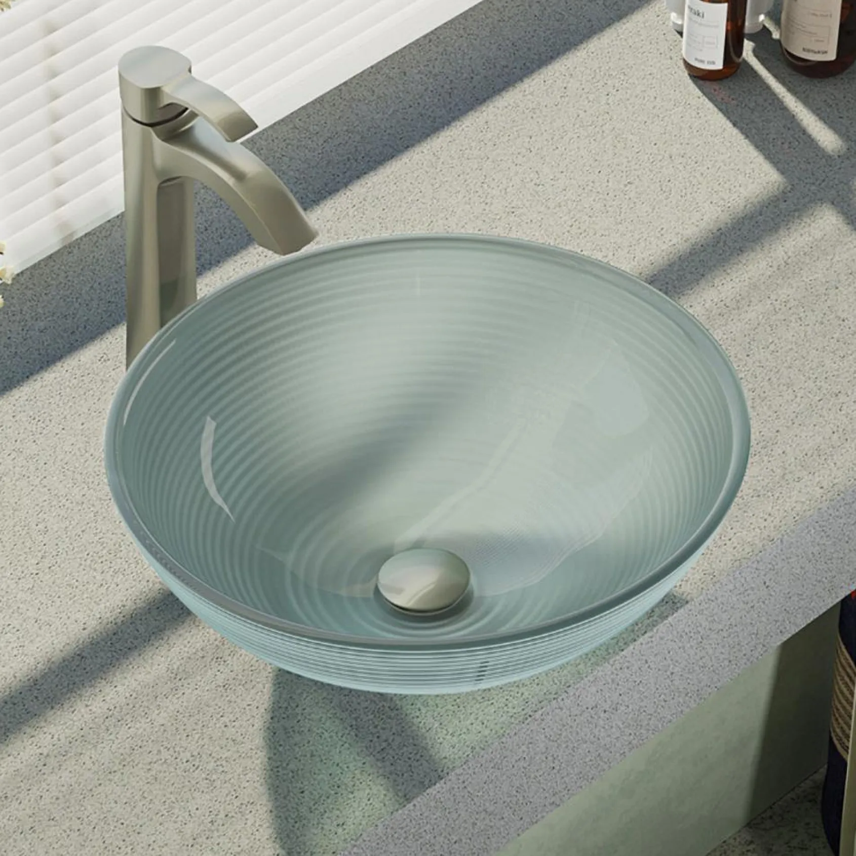 Rene 17" Round Glass Bathroom Sink, Sparkling Silver, with Faucet, R5-5034-R9-7006-BN