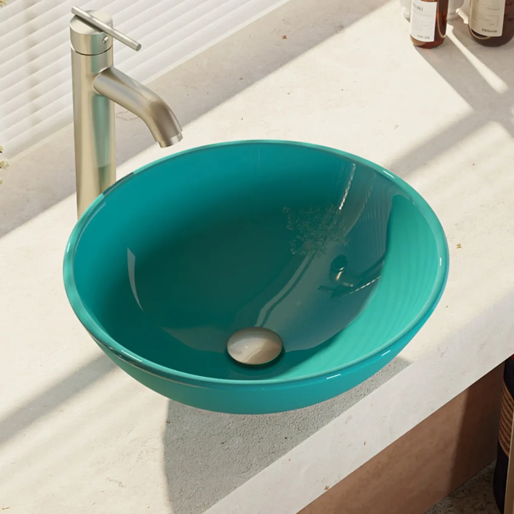 Rene 17" Round Glass Bathroom Sink, Cerulean, with Faucet, R5-5001-CER-R9-7001-BN