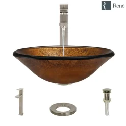 Rene 18" Round Glass Bathroom Sink, Orange Gold Foil, with Faucet, R5-5013-R9-7003-BN
