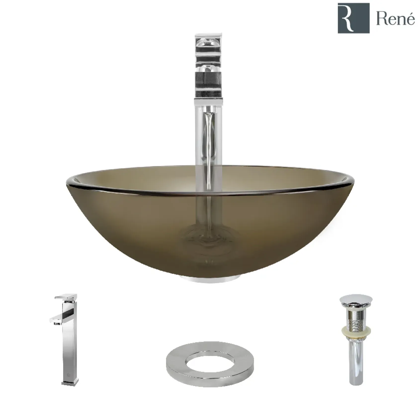 Rene 17" Round Glass Bathroom Sink, Cashmere, with Faucet, R5-5001-CAS-R9-7003-C