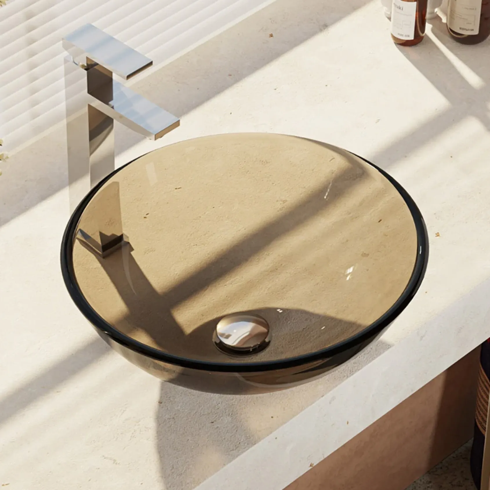 Rene 17" Round Glass Bathroom Sink, Cashmere, with Faucet, R5-5001-CAS-R9-7003-C
