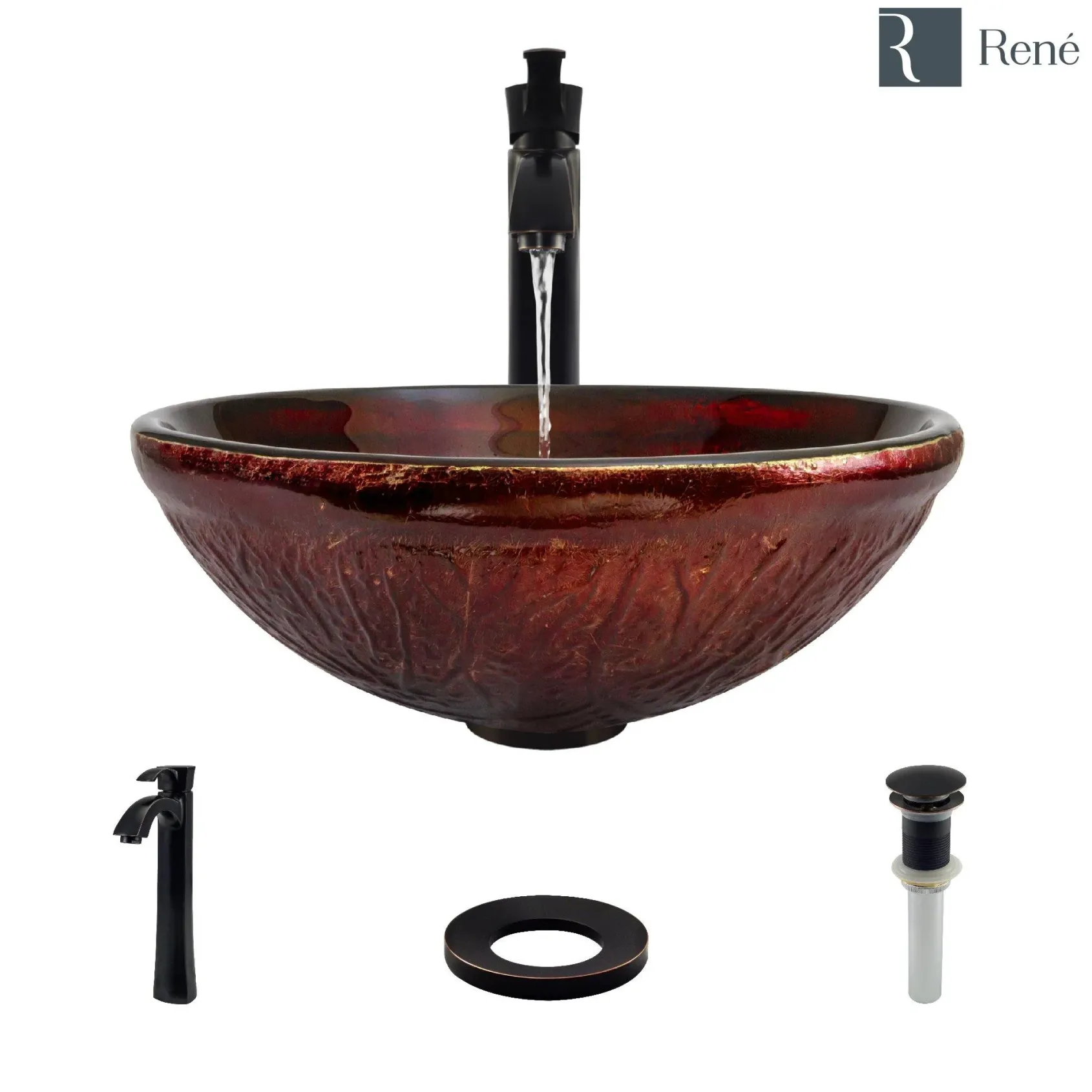 Rene 17" Round Glass Bathroom Sink, Fiery Red, with Faucet, R5-5018-R9-7006-ABR