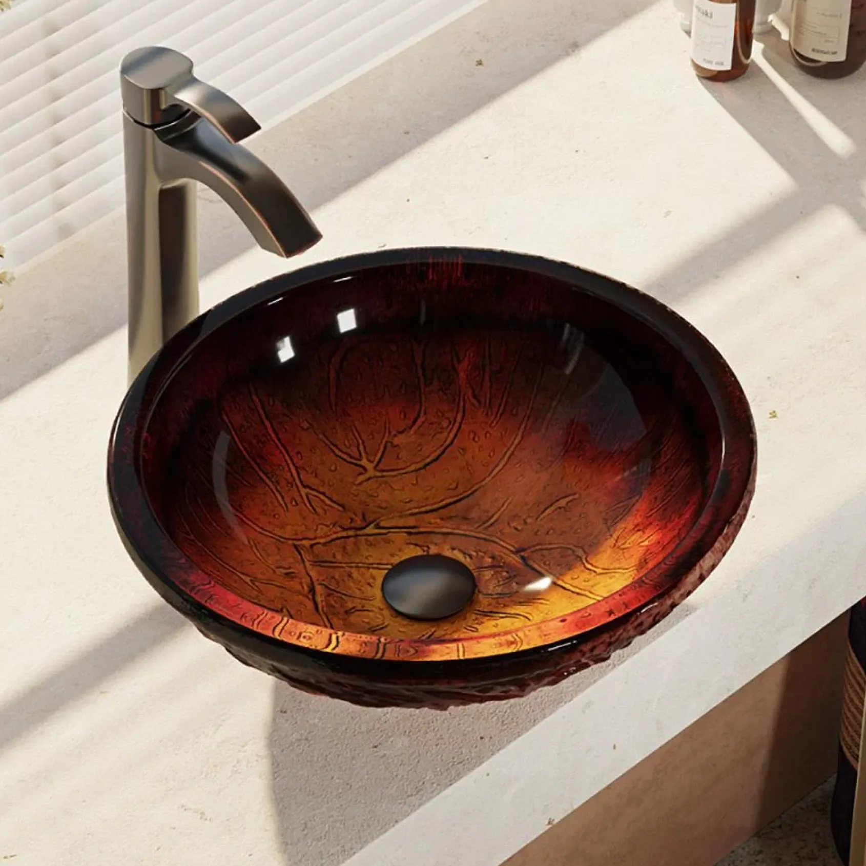 Rene 17" Round Glass Bathroom Sink, Fiery Red, with Faucet, R5-5018-R9-7006-ABR