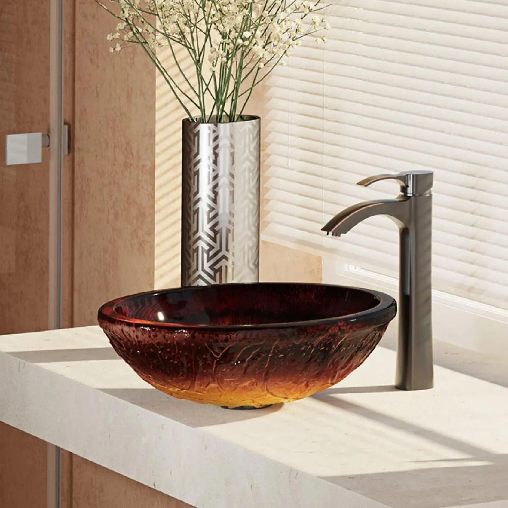 Rene 17" Round Glass Bathroom Sink, Fiery Red, with Faucet, R5-5018-R9-7006-ABR