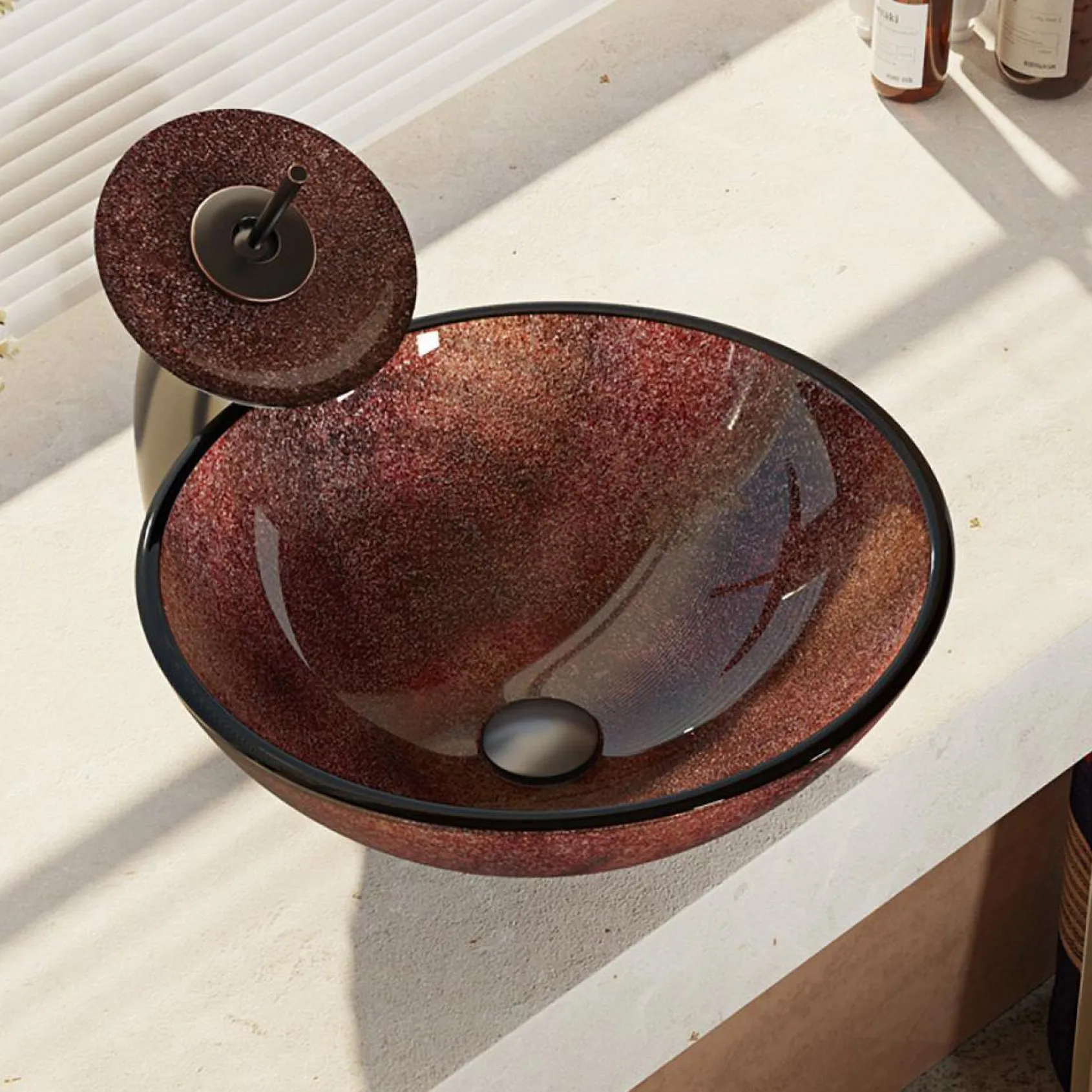 Rene 17" Round Glass Bathroom Sink, Multi-Color, with Faucet, R5-5014-WF-ABR