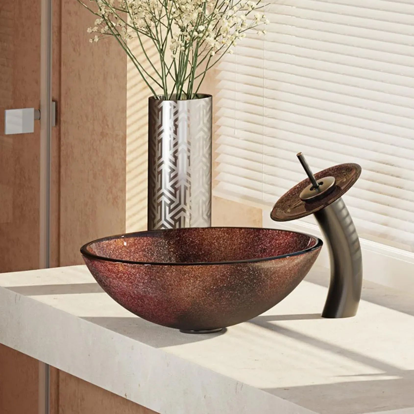 Rene 17" Round Glass Bathroom Sink, Multi-Color, with Faucet, R5-5014-WF-ABR