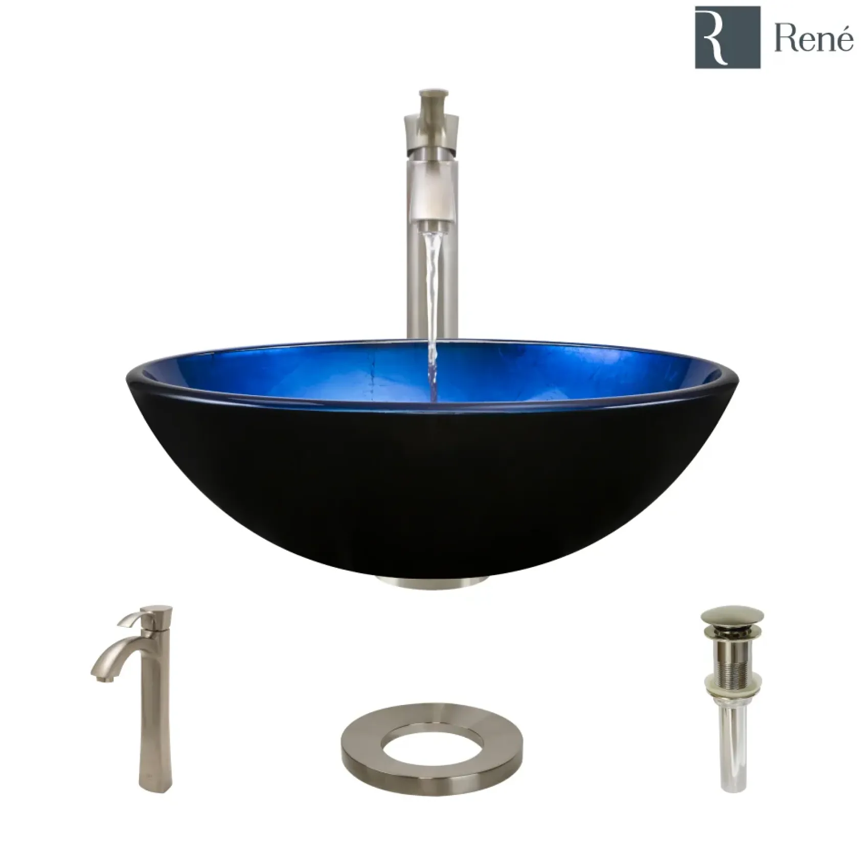 Rene 17" Round Glass Bathroom Sink, Gradient Blue, with Faucet, R5-5008-R9-7006-BN