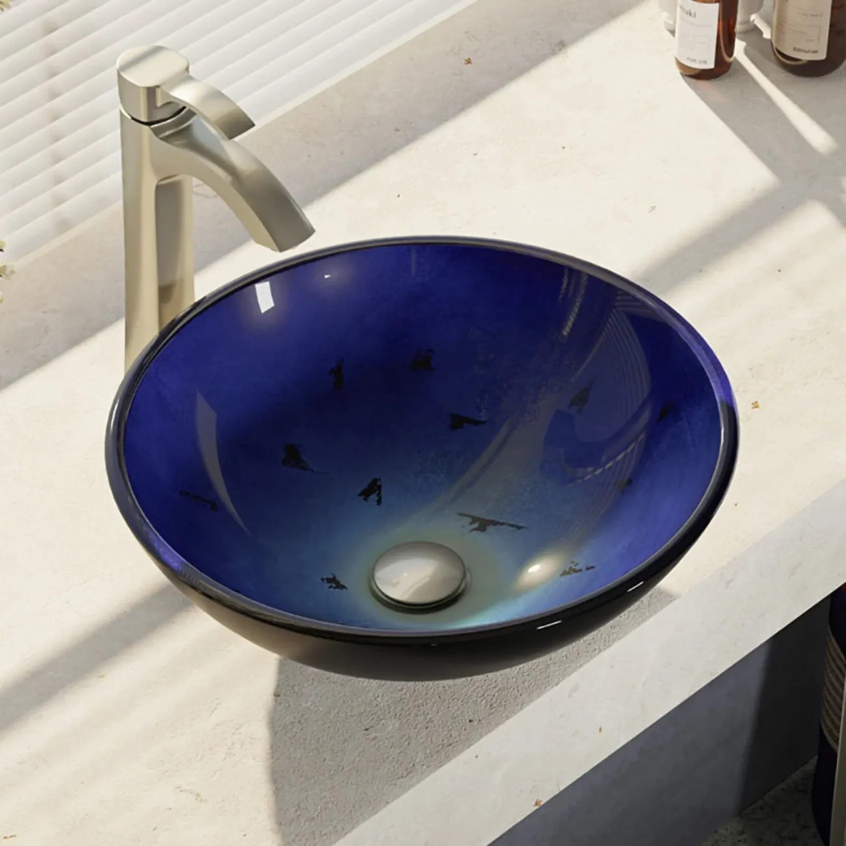 Rene 17" Round Glass Bathroom Sink, Gradient Blue, with Faucet, R5-5008-R9-7006-BN