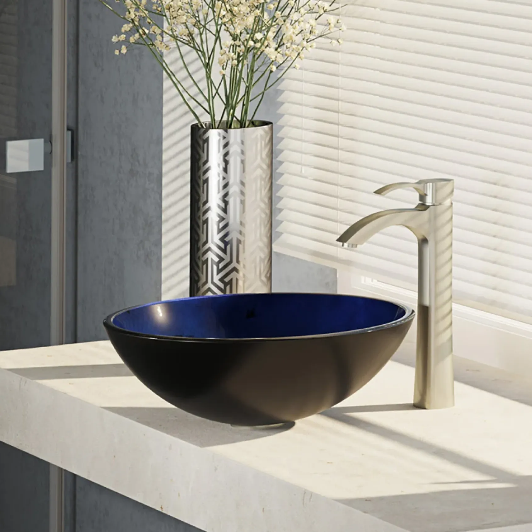 Rene 17" Round Glass Bathroom Sink, Gradient Blue, with Faucet, R5-5008-R9-7006-BN